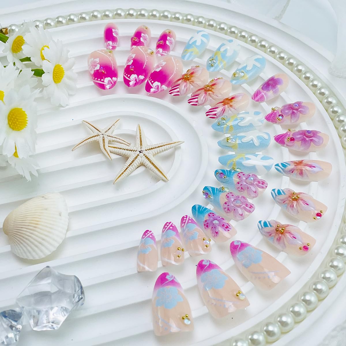 30Pcs Summer Press on Nails Medium Almond French Tip Fake Nails Cute Flower Cherry Blossom False Nails with 3D Pearl & Rhinestones Designs Reusable Pink Blue Acrylic Stick on Nails for Women Manicure