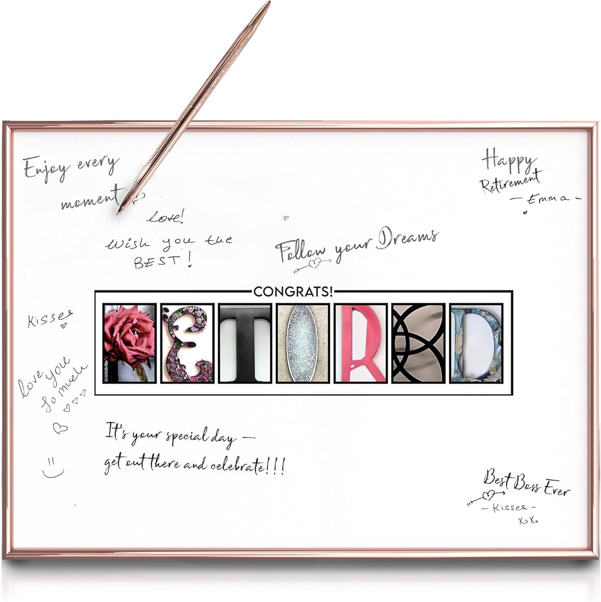 Framed Rose Gold Retirement Decorations Guest Book 12"x16" for Women - Happy Retirement Party Decorations - including Rose Gold Pen & Acrylic Glass - Unique Retired Gift