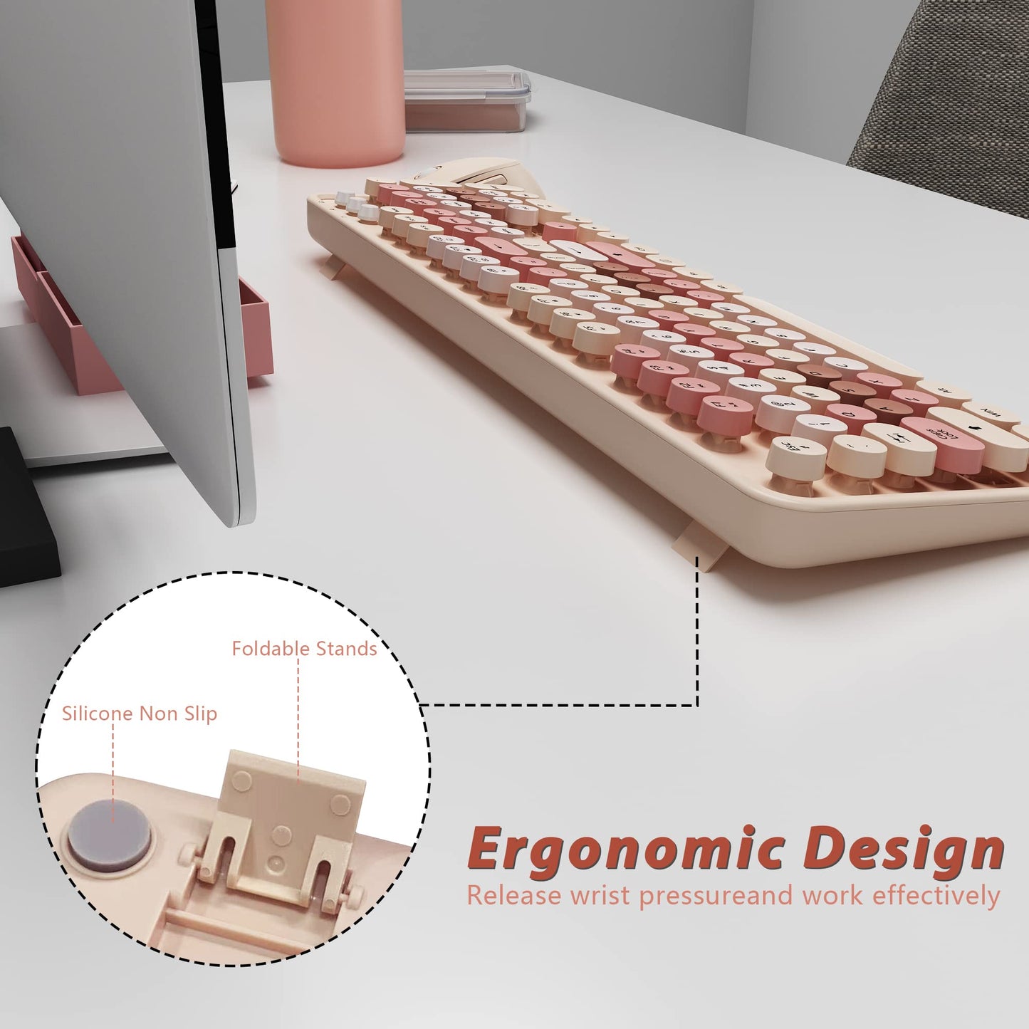 KOOTOP Wireless Keyboard and Mouse, Cute Keyboard and Mouse Combo with Retro Round Keycap, 2.4G Connectivity for PC, Mac, Laptop, Computer Windows (Milk Tea)