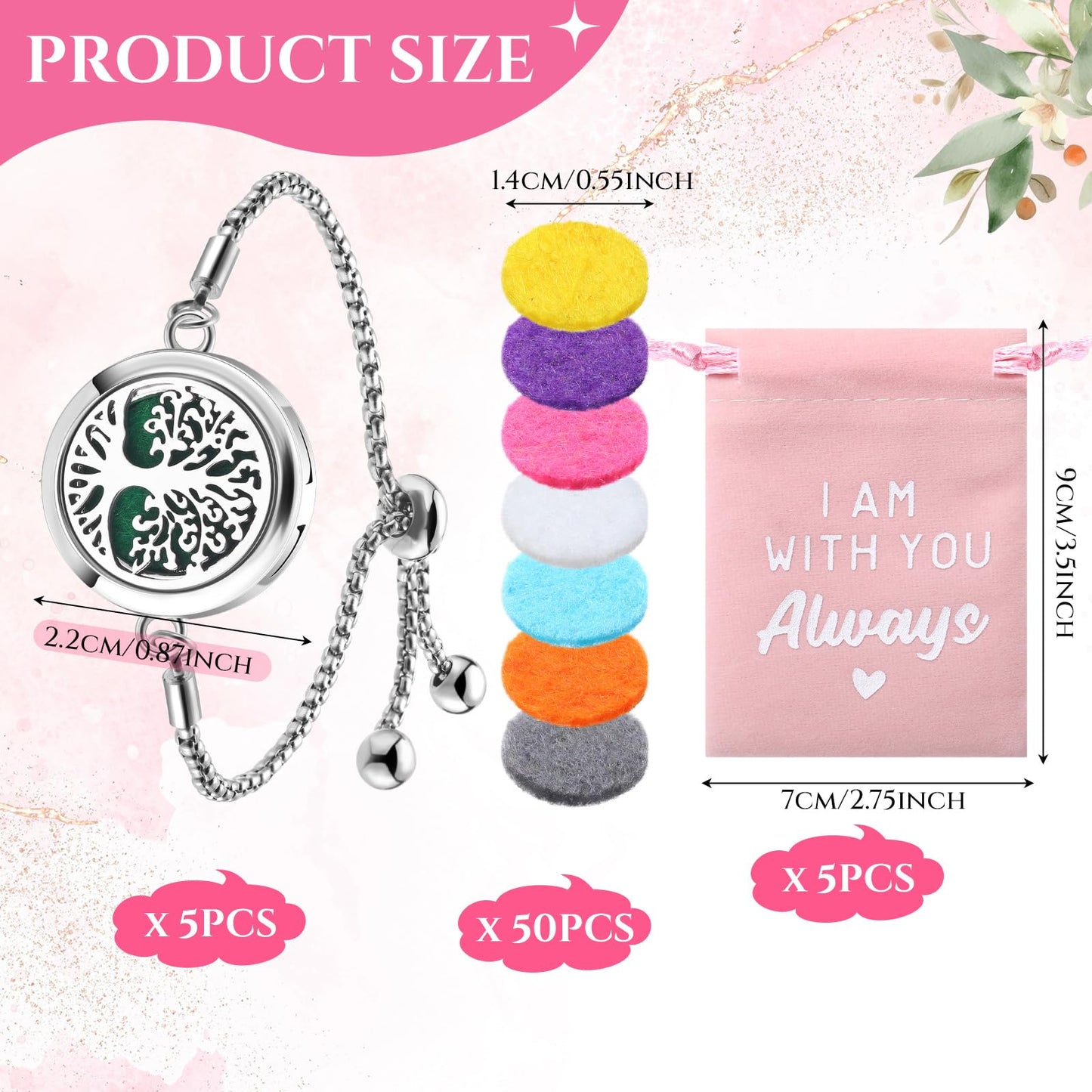 Yinkin 5 Set Essential Oil Diffuser Bracelet Gift for Mother Day Anxiety Relief Gifts 50 Pcs Refill Pads Stainless Steel Aromatherapy Locket for Mother Gift