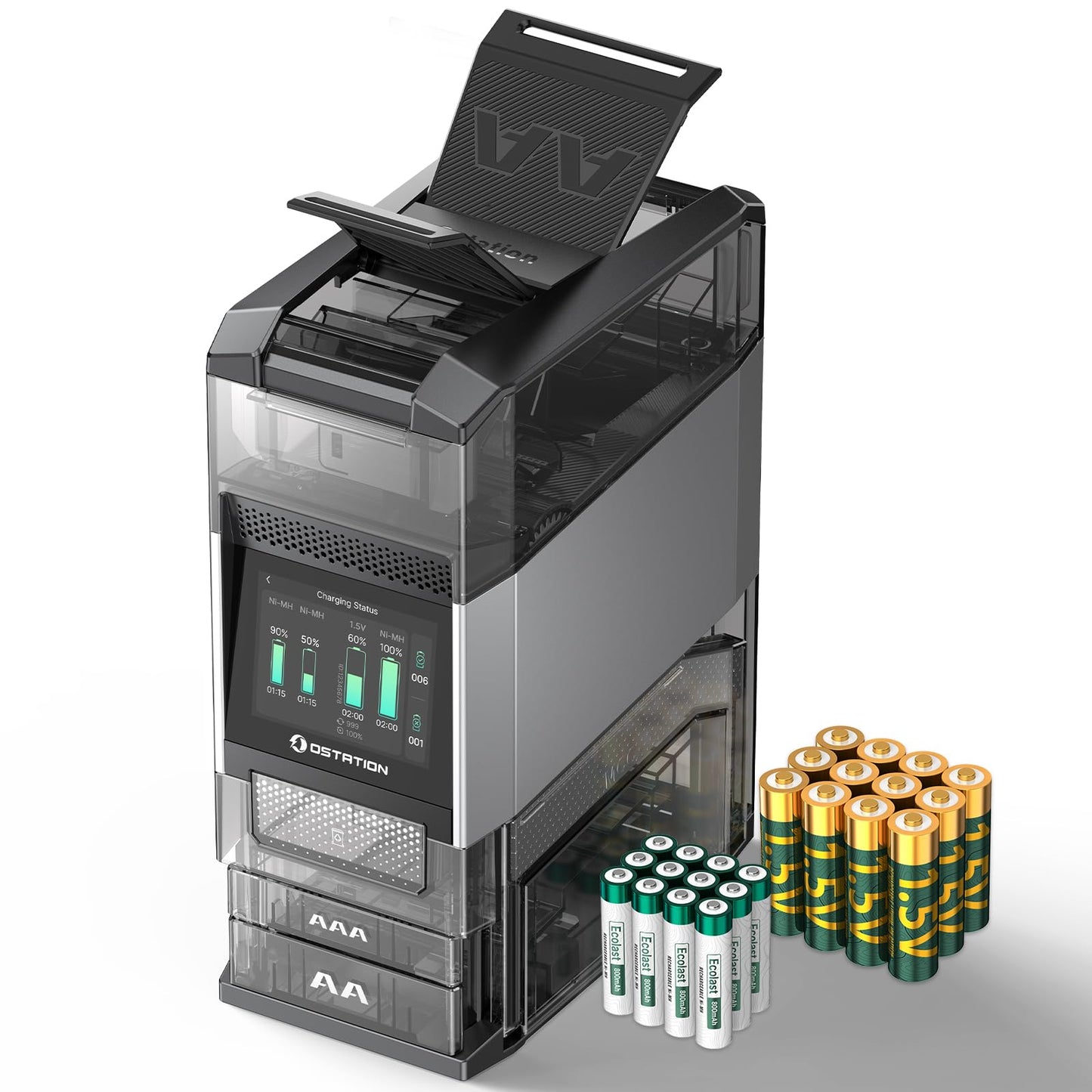 Ostation 2 Pro AA AAA Battery Charger Charging Station with 12 AA Li-ion & 12 AAA NiMH, Touchscreen & App, 3-in-1 Polarity-Free Charger Organizer for NiMH & Li-ion, Auto-Detect & Sort, Holds 24 Cells