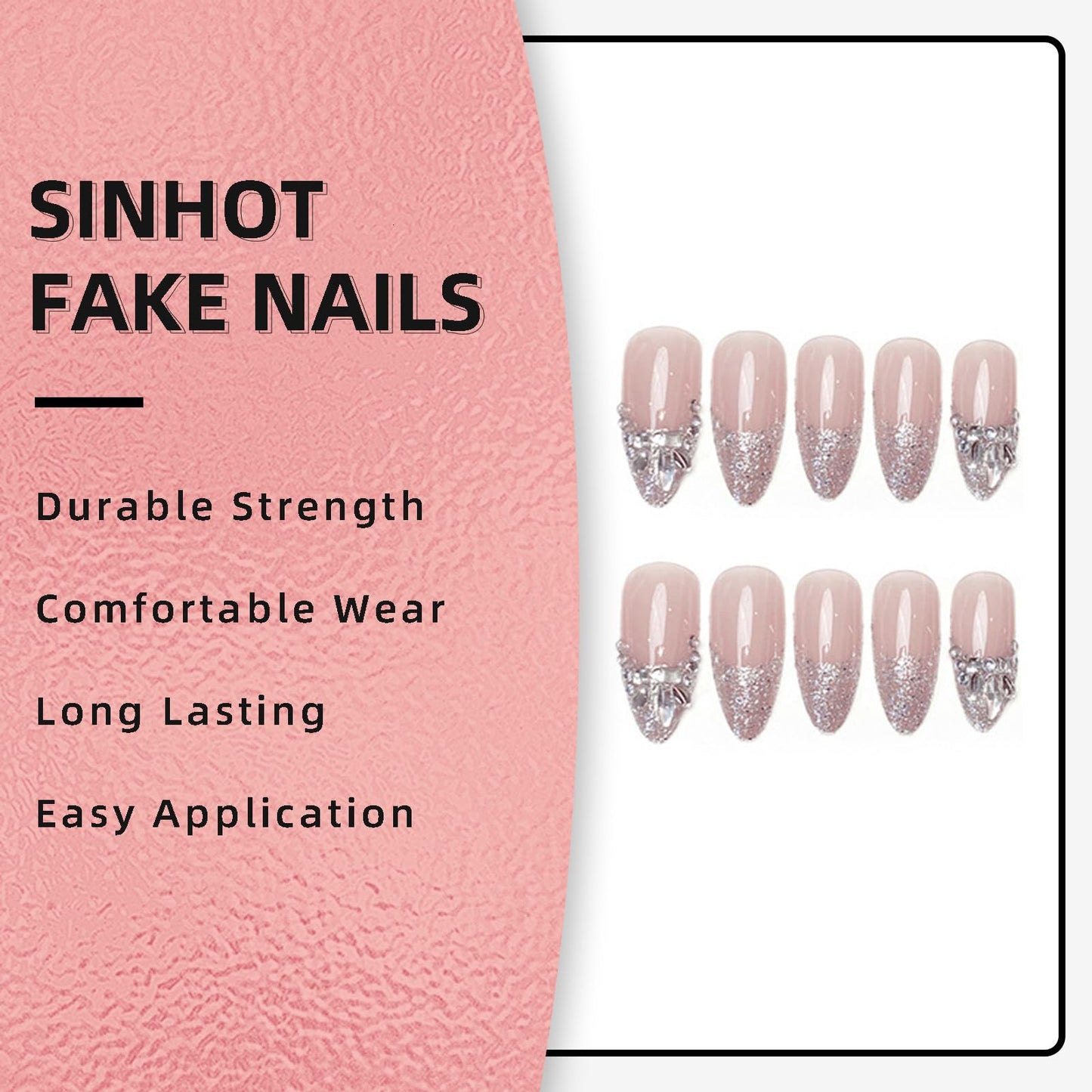 SINHOT Luxury Press on Nails - Medium Almond Fake Nails, Glossy Finish, French Tip & 3D Rhinestones, DIY Artificial False Nail Art - 24 Pcs Nail Kit with Glue