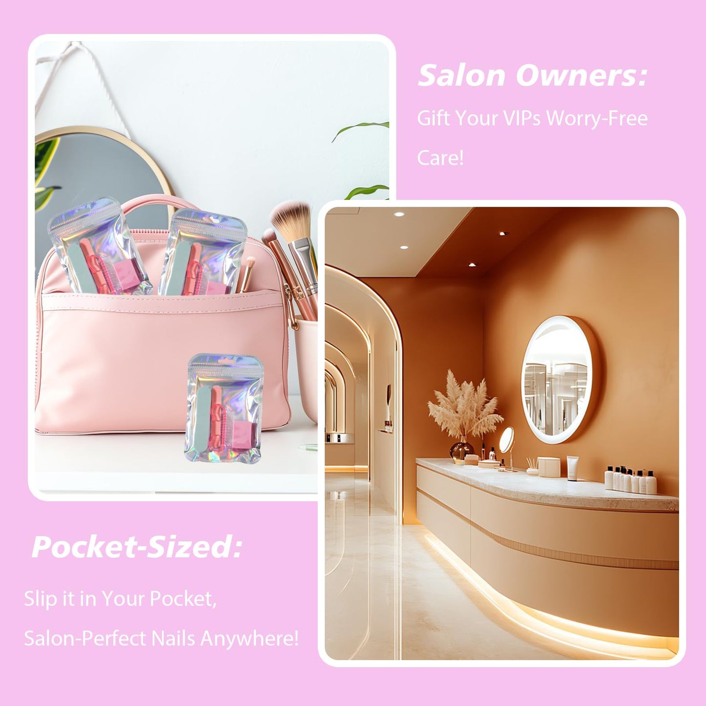 Disposable Manicure Kit Professional, 50 Set Press On Nail Tool Kit with Nail File, Nail Buffer, Nail Buffer Block, Nail Handle Brush, Wood Stick, Packaging Bag (Pink-50pcs)