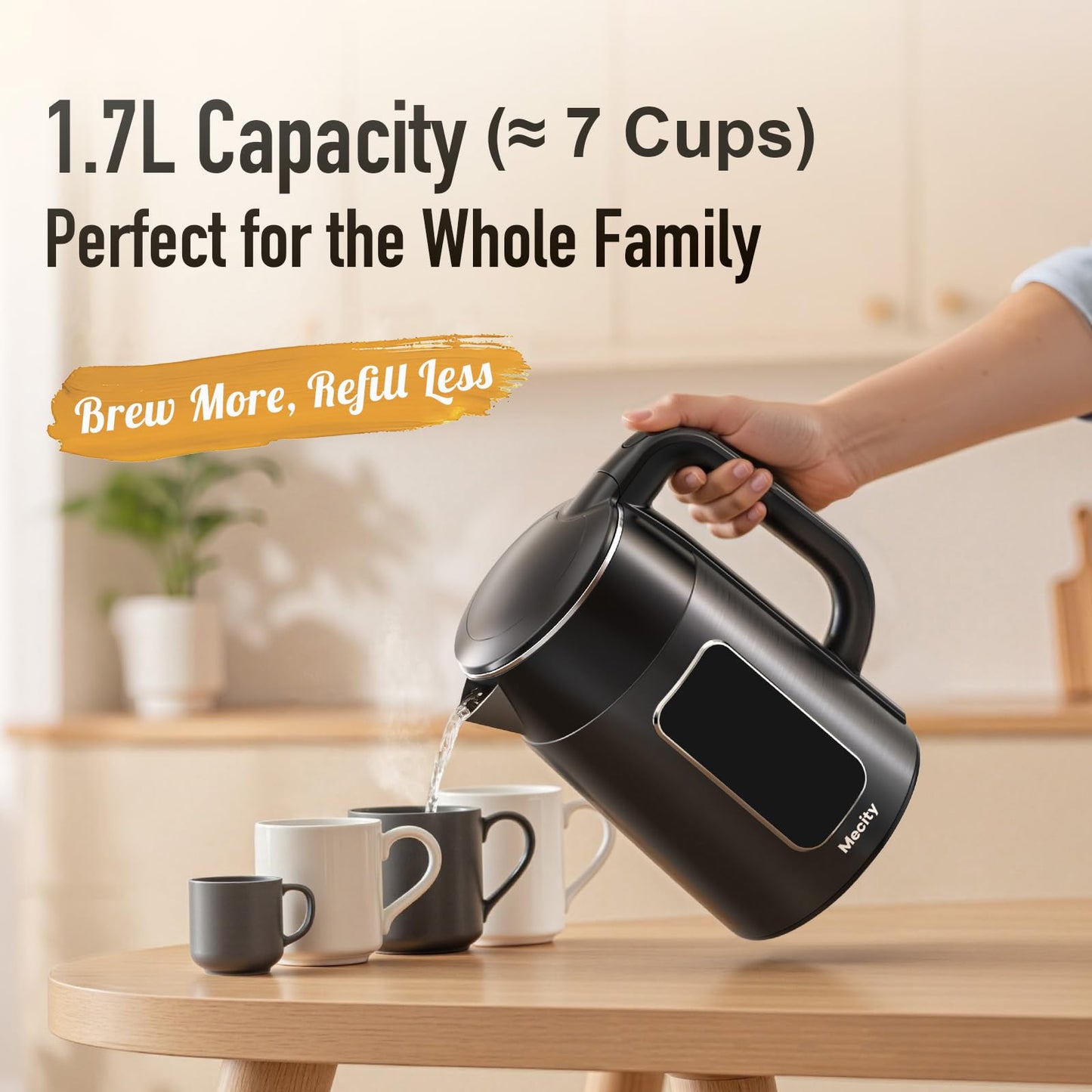 Mecity Electric Kettle 1.7L Touch Screen Temperature Control Water Boiler, No Plastic Contact with Water. 6 Preset Temperature Programs, 2 Hours Keep Warm, Auto Shut Off, Dark Grey