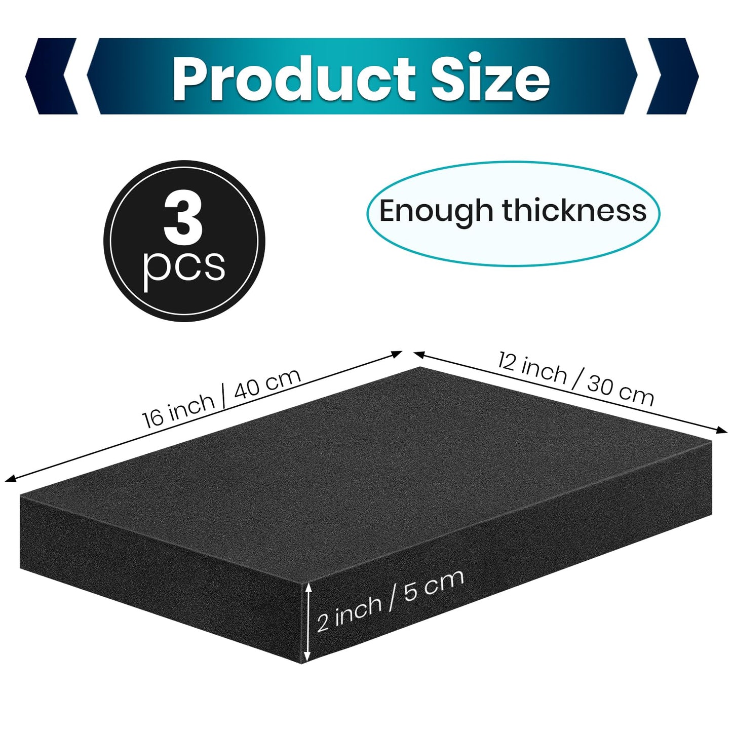 3 Pcs 16 x 12 x 2 Inches Foam Inserts for Cases - Polyurethane Foam Packing Foam Black Craft Foam Sheets for Packing Padding 2 Inch Thick for Camera Toolbox Storage