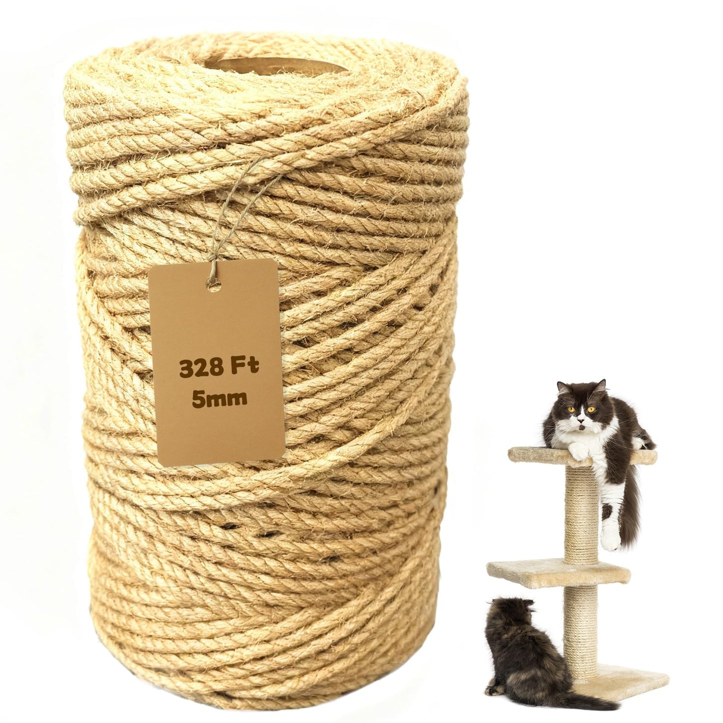 Natural Jute Twine 5mm x 328ft, 4Ply Twisted Heavy Duty Rope Roll for Gardening, Crafting, Bundling, Cat Scratching Post, Home Decor, Christmas Decorations