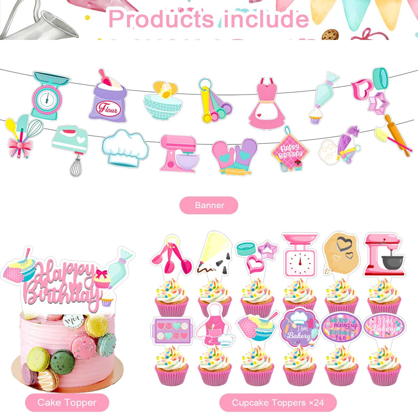 NlSIFU 59 Pcs Baking Birthday Party Supplies, Baking Themed Decorations with Backdrop, Banners, Balloons, Cake & Cupcake Toppers in Pink