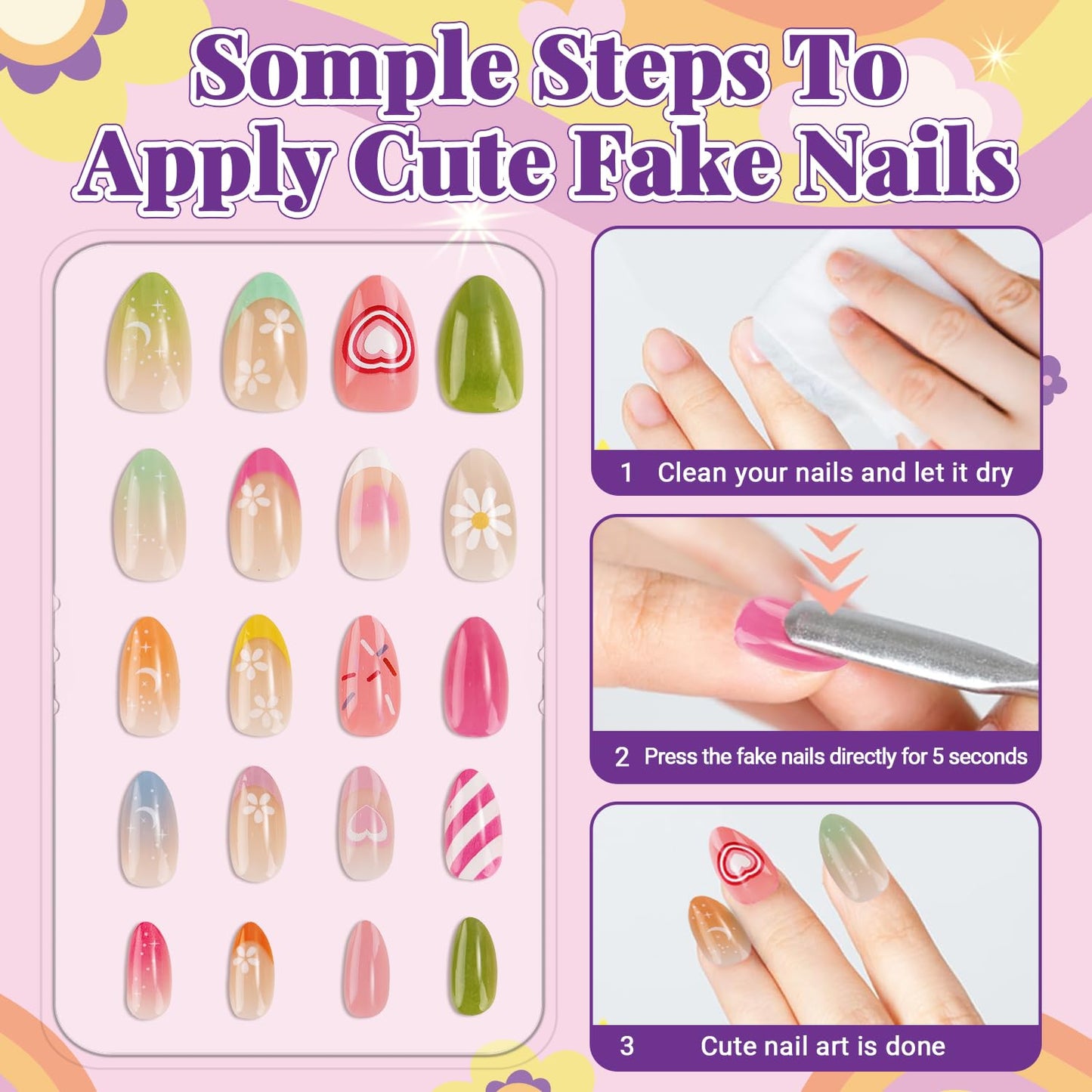104 Pieces Press on Nails for Kids 4 Pack Artificial Fake Nails for Girls Kid Press on Nails for 8-12 Birthday Gift for Children Kids Little Girl Nail Art Decoration ﻿