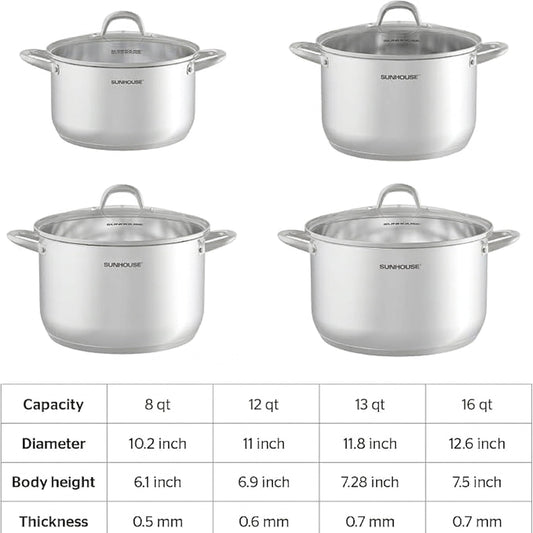 SUNHOUSE Stainless Steel Stock Pot - 16 Quart Heavy-Duty Induction Cooking Pot with Visible Lid for Pasta, Soup, Spaghetti - Nonstick Thick-Bottom Deep Stockpot for Canning, Boiling, and Simmering