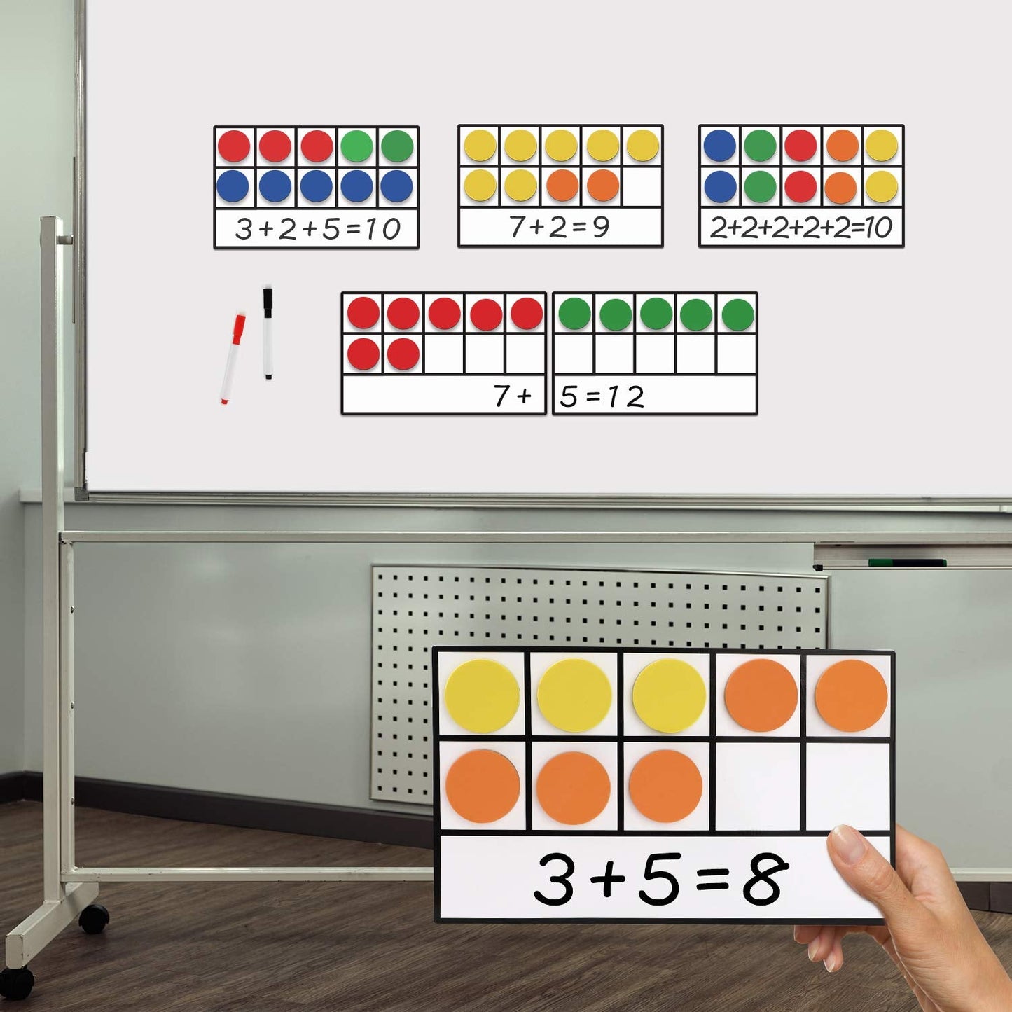 Torlam Magnetic Ten-Frame Set - Math Manipulative for Elementary - 5 Ten Frames & 55 Magnetic Counters for Kids, Kindergarten Math Games (Upgraded Version for Hand-held & 2 Black Pens)