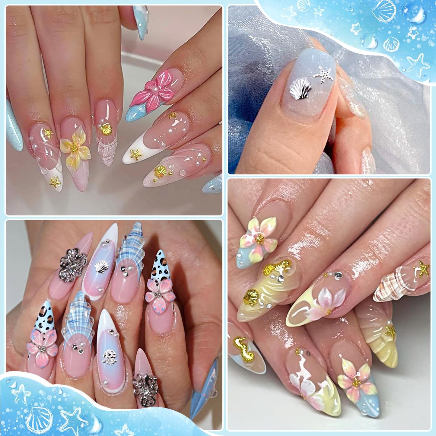 Furtherpretty 3D Beach Nail Charms Set, 2 Boxes Gold & Silver Seashell Nail Charms, Summer Ocean Starfish Jellyfish Palm Tree Nail Art Accessories Decoration with Tweezers, concha nácar para uñas