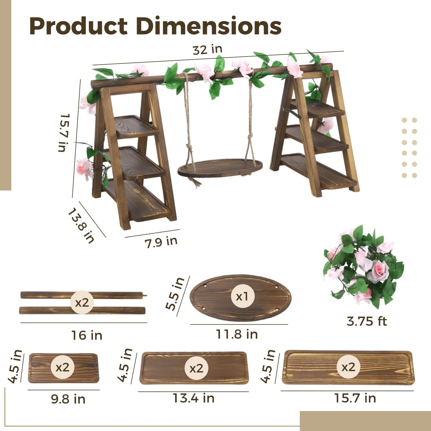 ZALIR Wooden Dessert Table Display Set with Swing and Flower Vine, Multi-Tiered A-Frame Foldable Food Cupcake Display Stand, 32 x 7.9 x 15.7 x 13.8 in for Parties, Weddings, Buffets, Easy Assembly