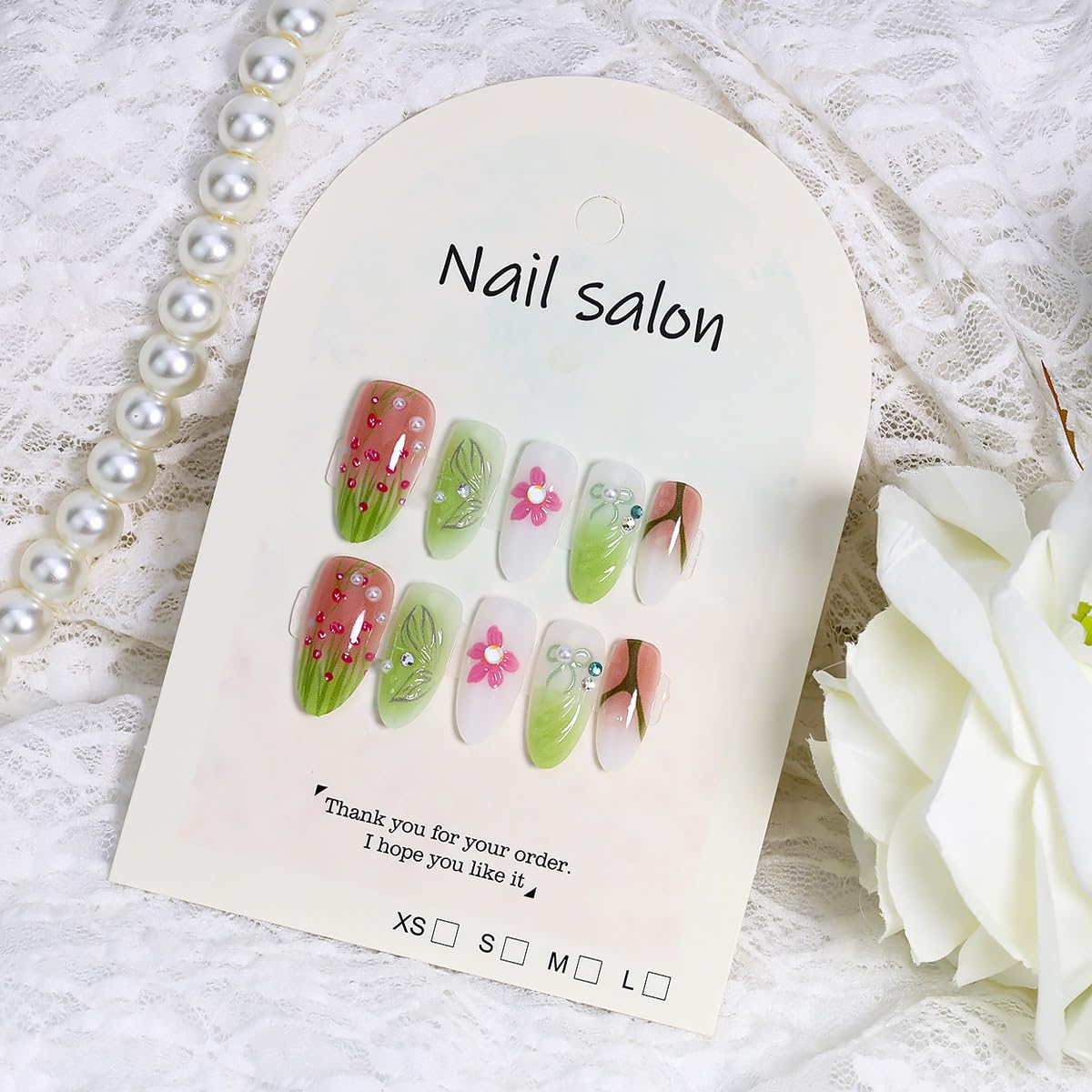 WBRRFJJ 30Pcs 3D Flower Press-on Nails Medium Almond Acrylic False Nails with Bow Pearl Rhinestones Designs Glossy Finish Full Cover Artificial Glue on Nails Spring Summer Stick on Nails for Women DIY