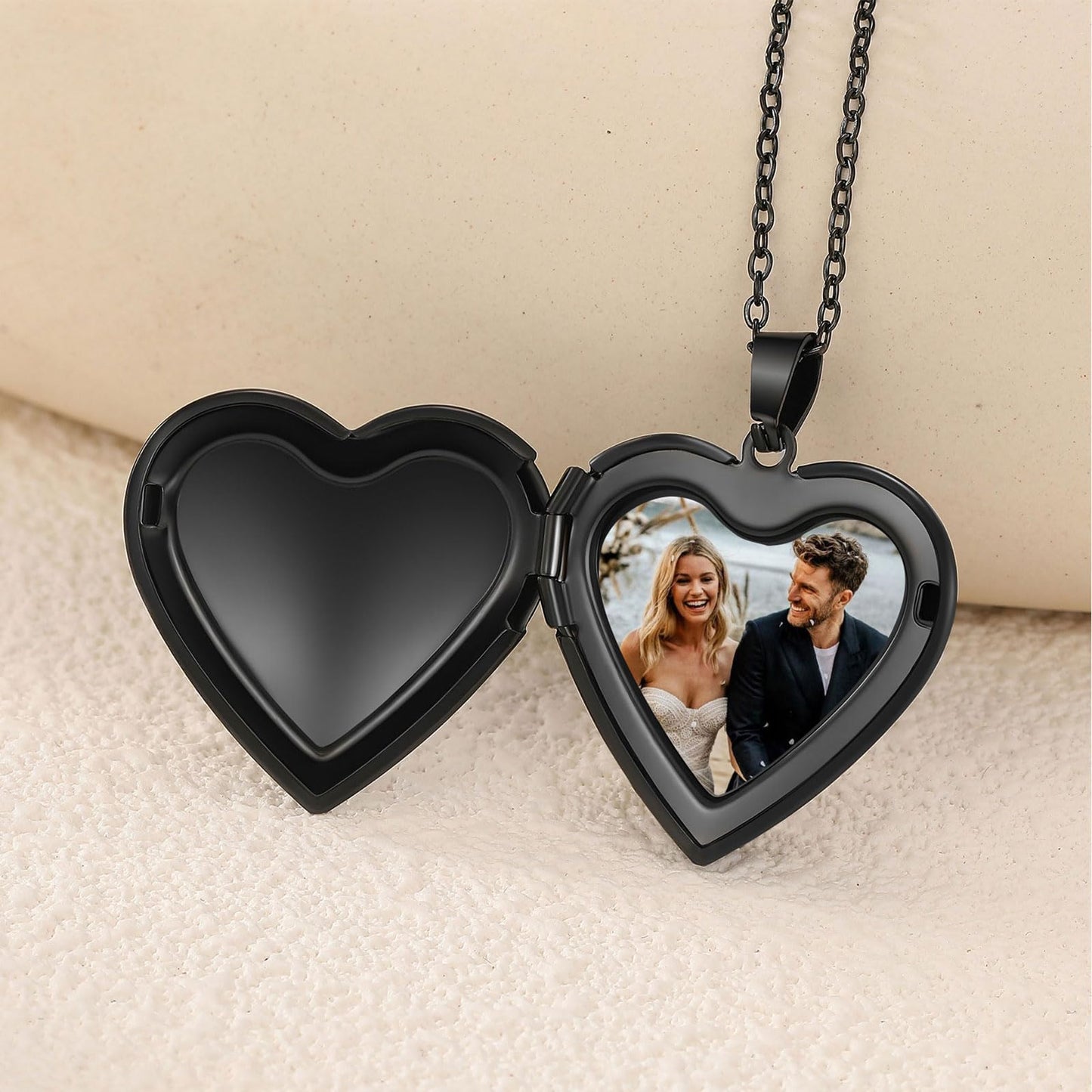PHOCKSIN Black Glossy Personalized Heart Locket Necklace Custom Photo Locket Necklace for Women Picture Locket Pendant Necklace Text & Symbols Engraved Customized Lockets for Women