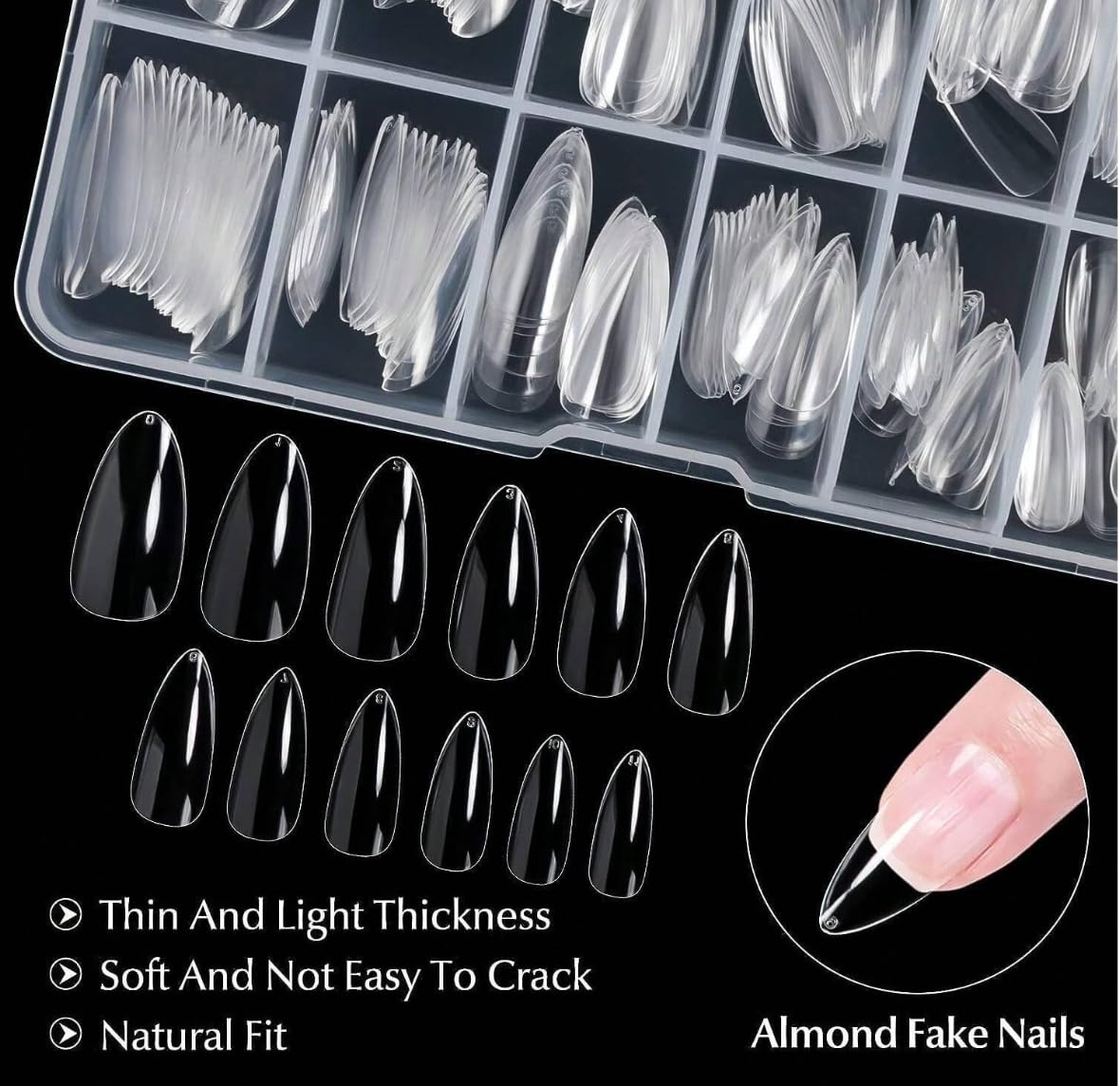 Professional Almond Nail Tips Set, 240 Pieces Clear Press-On Extensions, 12 Sizes