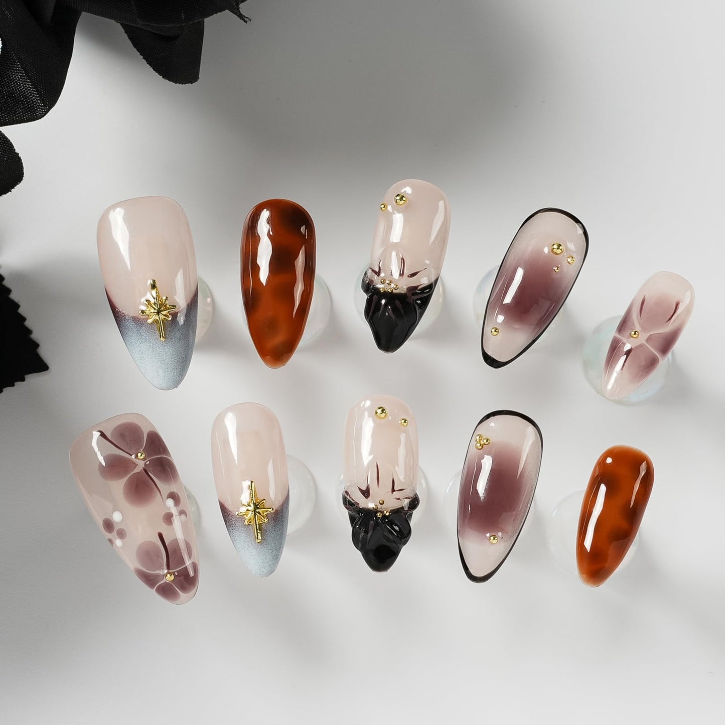 Tesytto 3D Floral Press on Nails Medium Almond - Handmade Nude Brown Gradient, Gold Charms Luxury Glossy Reusable Fake Nails (Dusk Pastel Gradient Flowers, L)