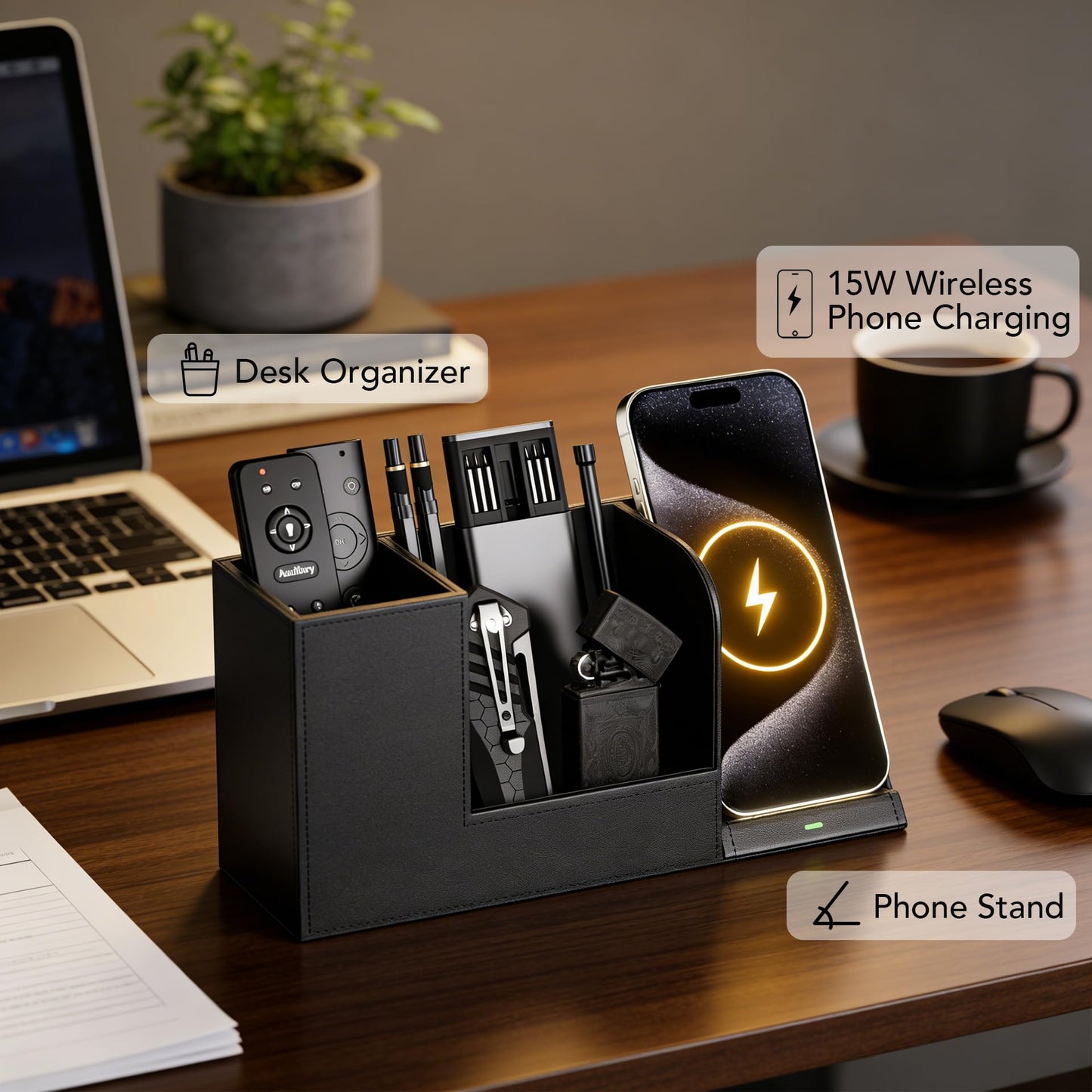 GORESE Desk Organizer with Charging Station, PU Leather Desktop Organizers with Phone Charging Stand for Office Home Nightstand, Practical Gifts for Men Who Want Nothing, Black