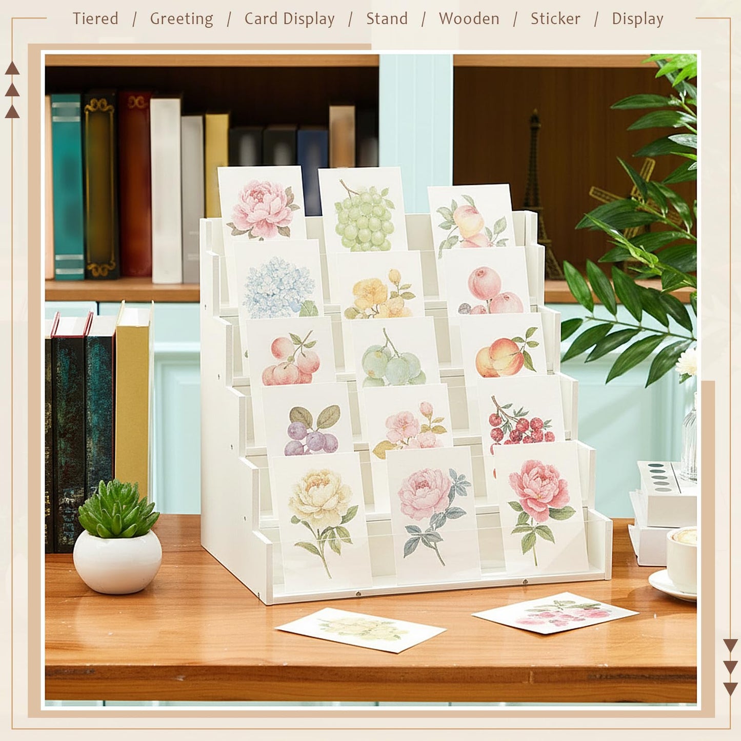 Yuntau 5 Tier Greeting Card Display Stand White Bamboo and Acrylic Sticker Display Stand Trading Card Holder Retail Photos Shelf for Vendors Craft Collection & Show