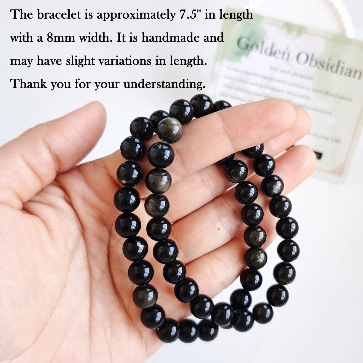 Handmade Natural Gemstone Elastic Bracelet - Healing Crystal Beads Jewelry, Unisex (Golden Obsidian, 8mm)