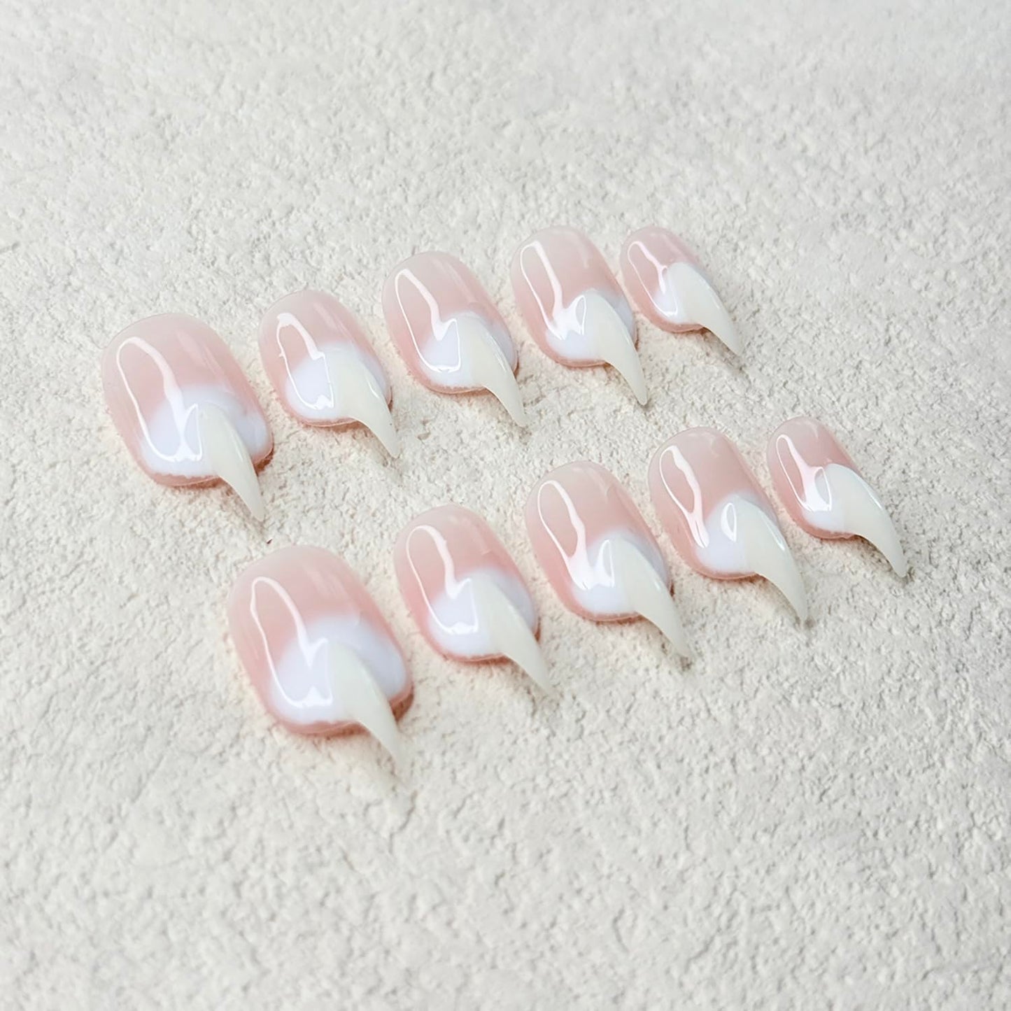 10 Pcs Handmade Press on Nails Medium Curved Stiletto Cat Claw Fake Nails Unique Pink White Designs Thick 3D Cat Claw Nails Press Ons Reusable Glossy Acrylic French Gradient Stick on Nail (S)