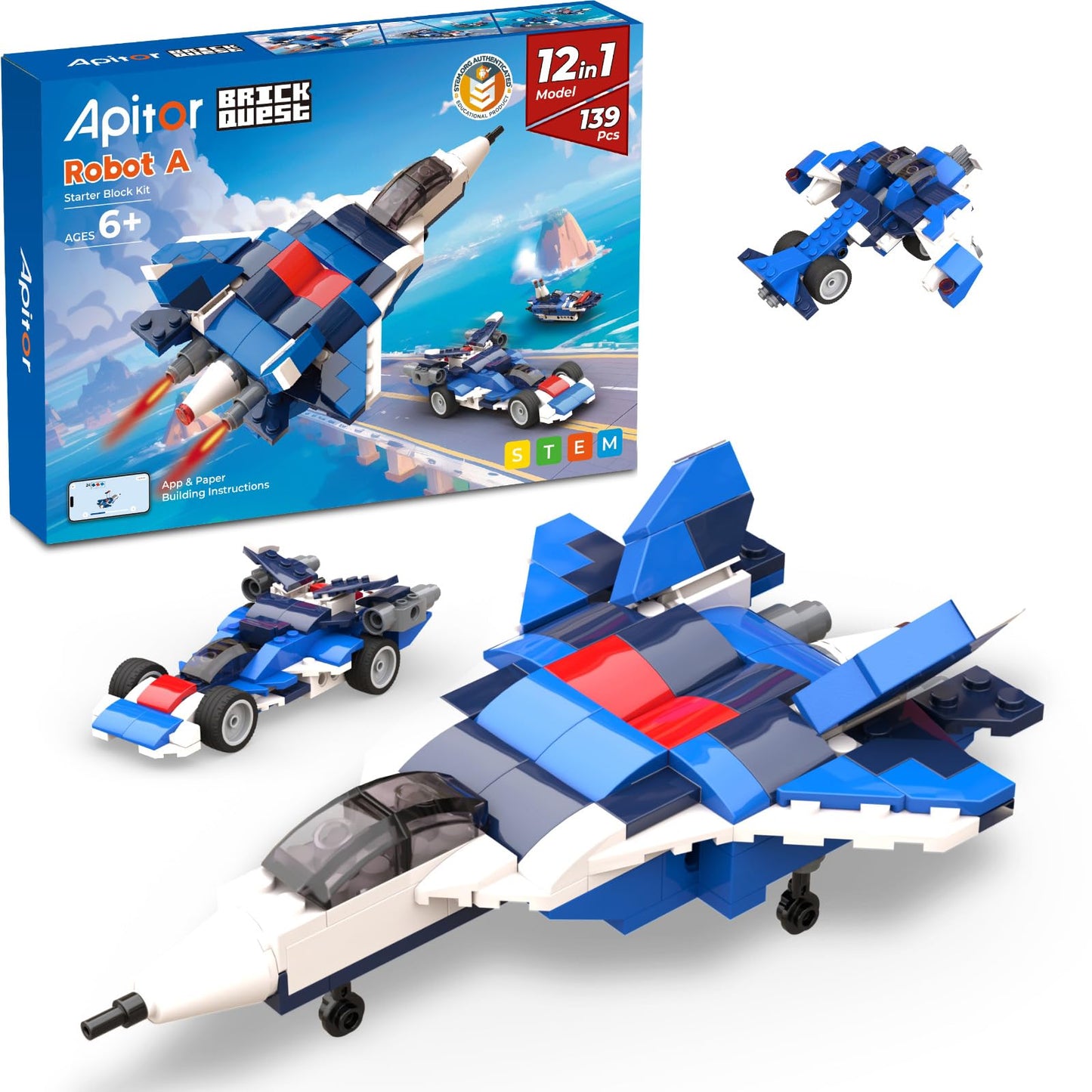 Apitor 12-in-1 STEM Building Blocks Kit for Kids Ages 4-8 | 139 Pcs Creative Construction Toy with Digital App & Paper Manual | Fighter Jet Model Build Robot DIY Activity Toy for Ages 6+ Years