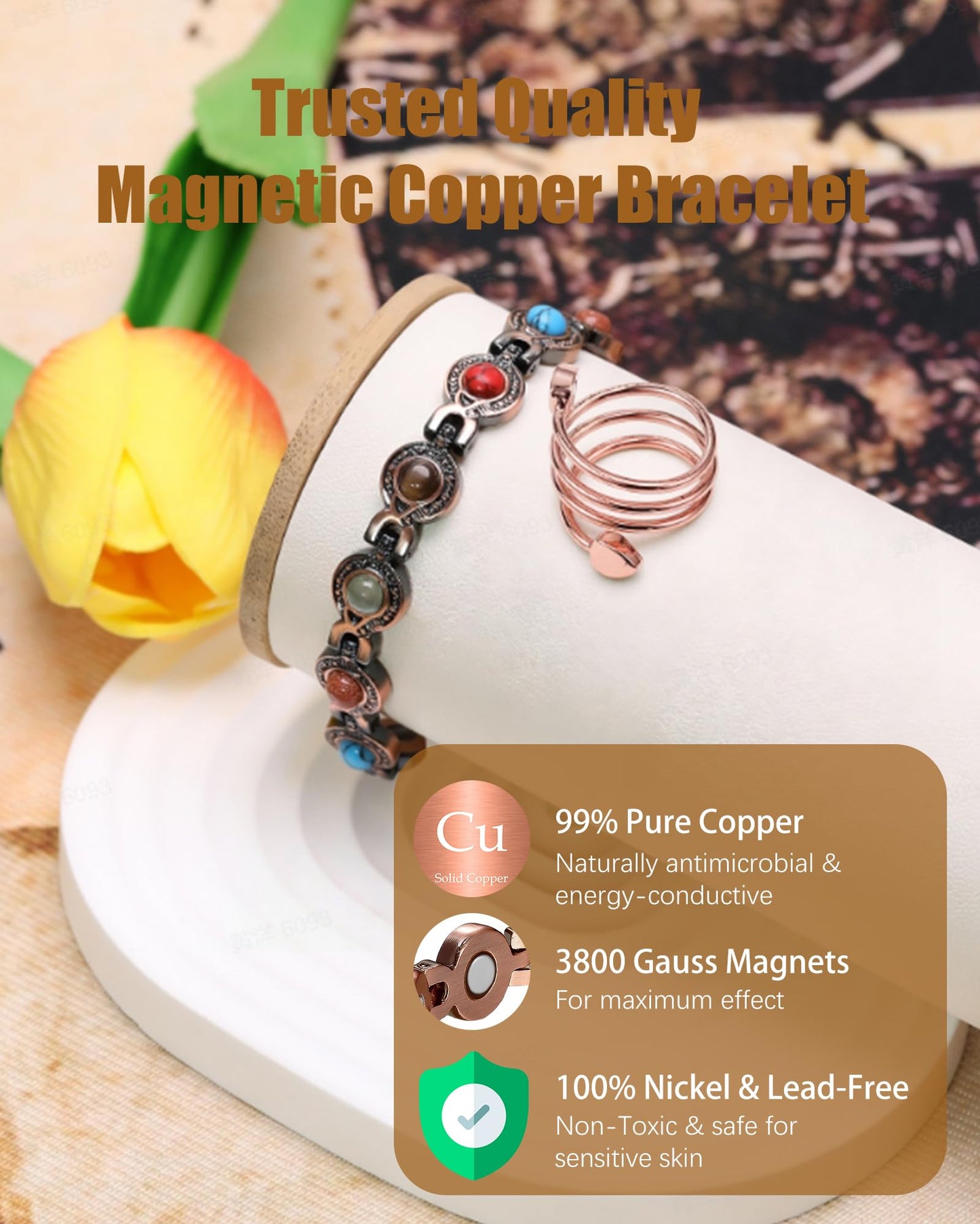 Jeracol Copper Bracelet & Ring for Women, Ultra Strength Magnetic Bracelet with 3800 Gauss Magnets & Natural Turquoise & Stones, Adjustable Length Sizing Tool & Jewelry Box