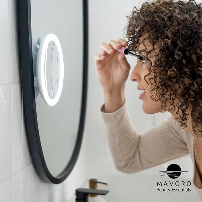 Mavoro 6.8" LED Magnifying Mirror with 3 Strong Suction Cups | 5X Magnification | Portable Lighted Travel Makeup & Cosmetic Mirror with Light (4 AAA Battery Operated | 5X)