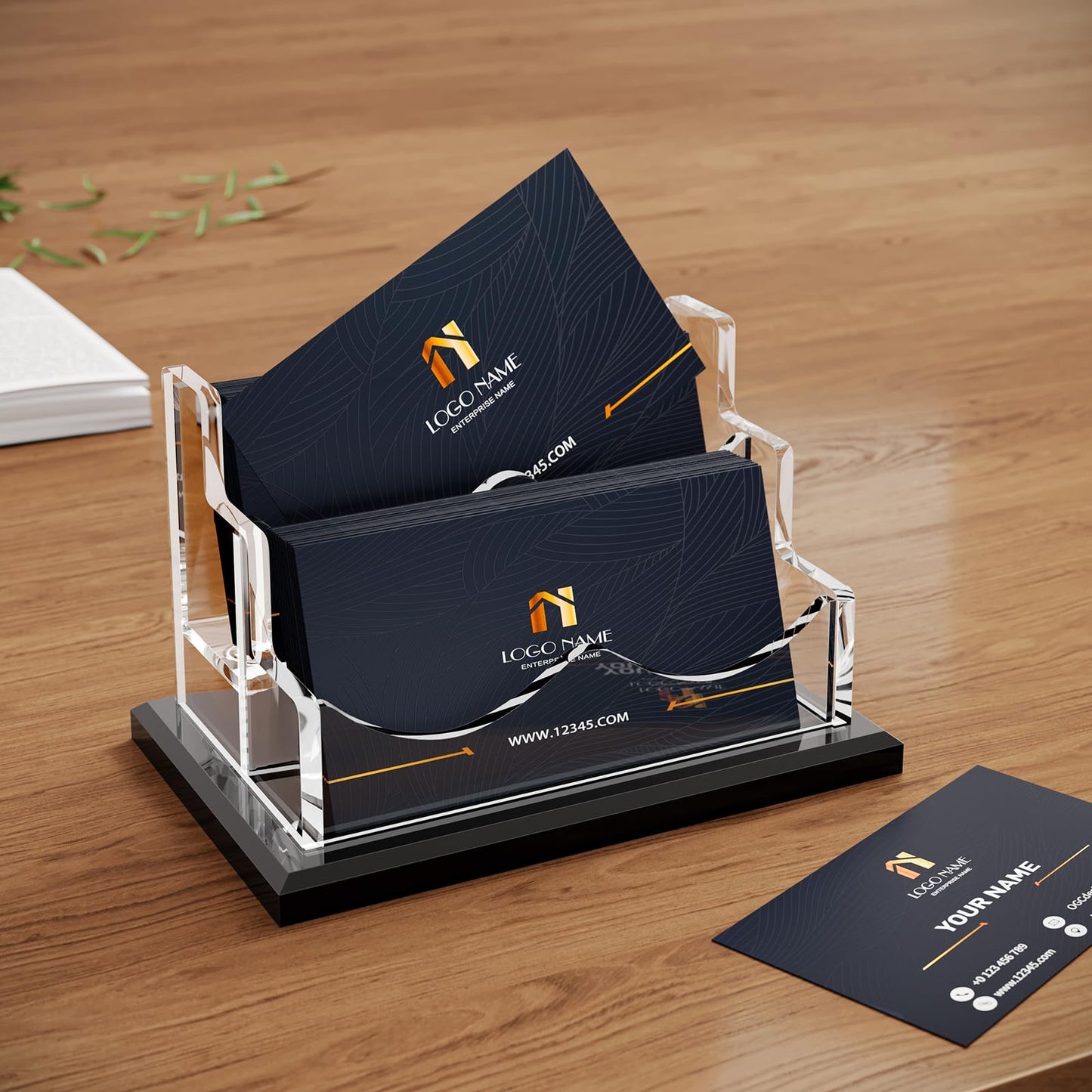 PARTSPOWER Acrylic Business Card Holder for Desk, Horizontal Clear Business Name Card Display, Solid Black Acrylic Base, Desktop Accessory Business Name Card Organizers (2-Slot)
