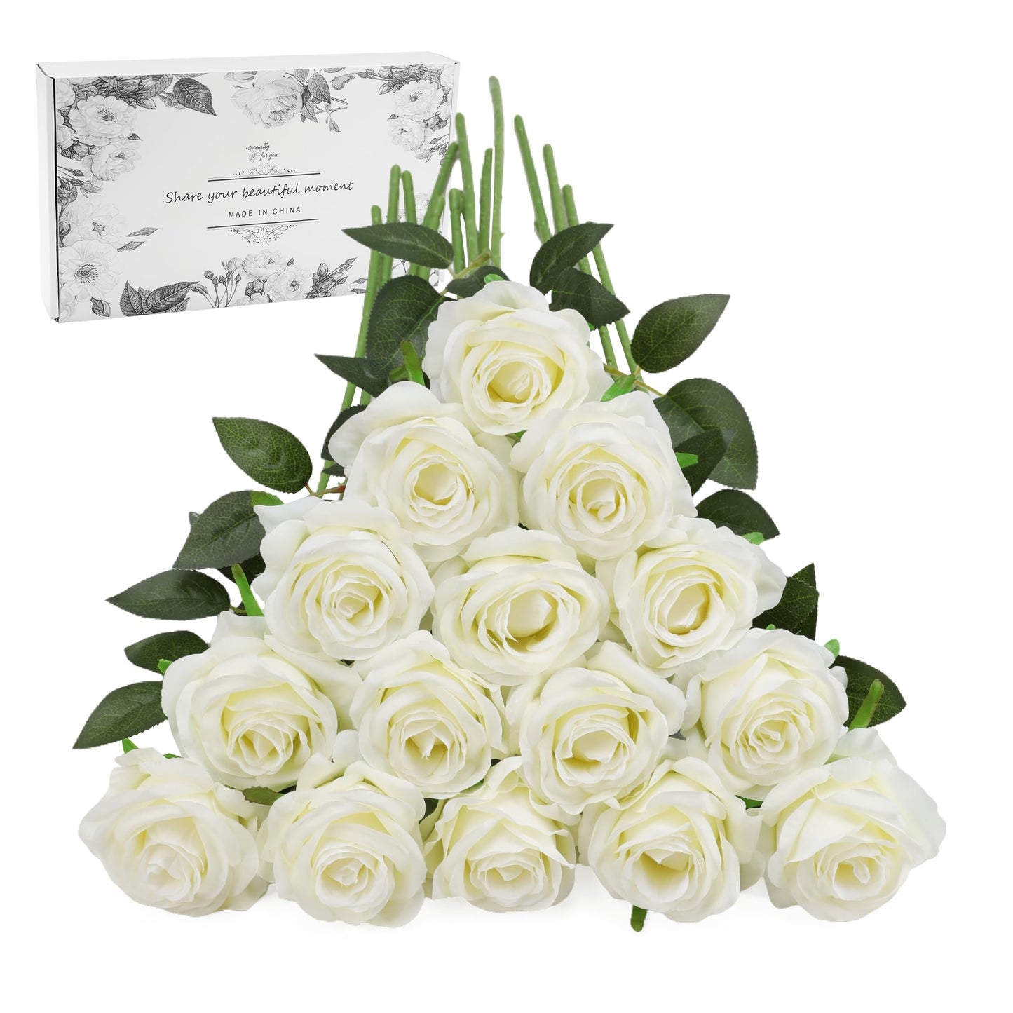 FLORRALIA White Fake Roses Artificial Flowers - 16 Pcs Fake Artificial Roses Silk Flowers with Stems for Home Wedding Hotel Office Centerpiece Decor