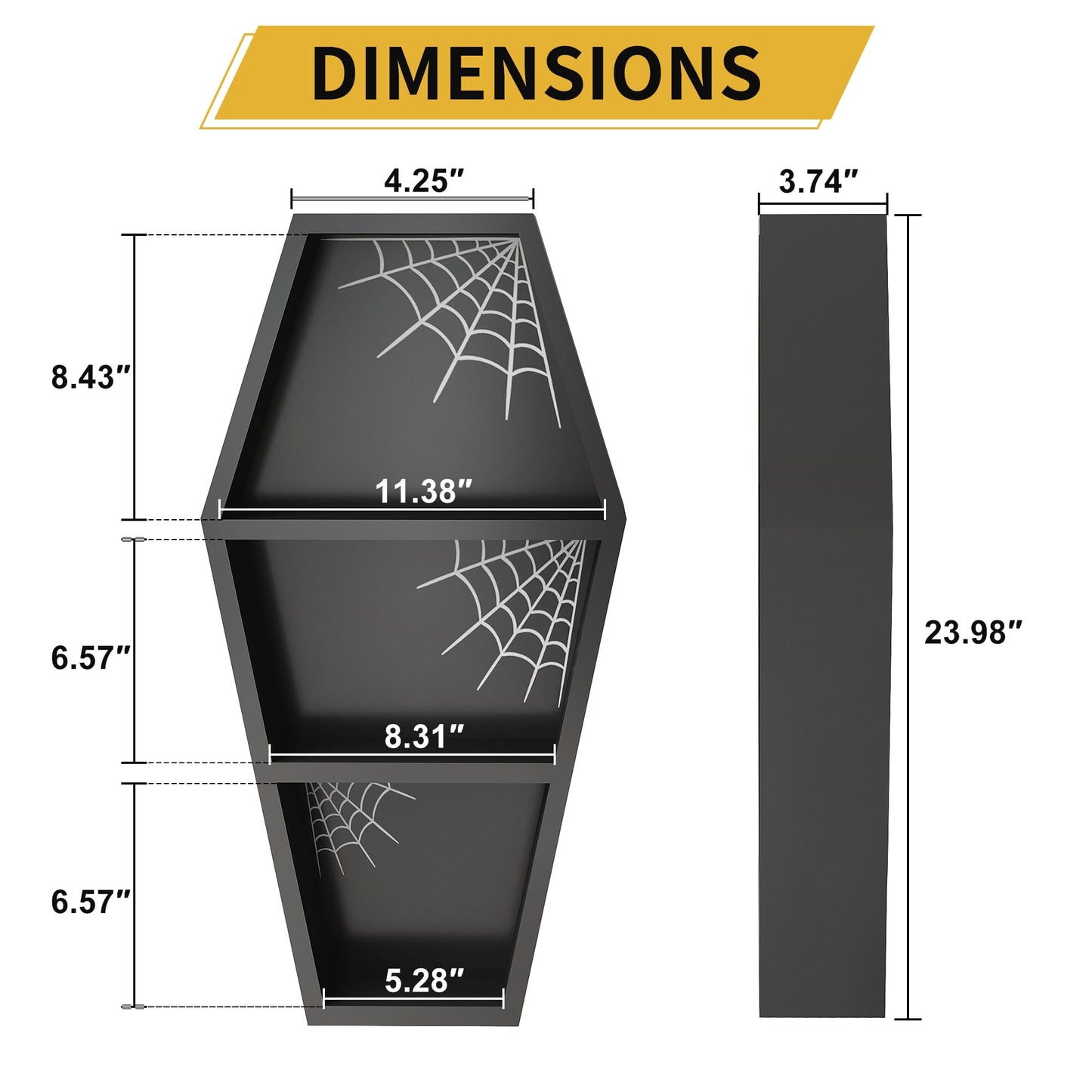 LUPWNEKA 24 in Halloween Goth Coffin Bookshelf with Spider Web, Wooden Gothic Coffin Bookshelf for Home, Black Spooky Curio Shelf for Home Decor, Witchy Room Decor for Oddities