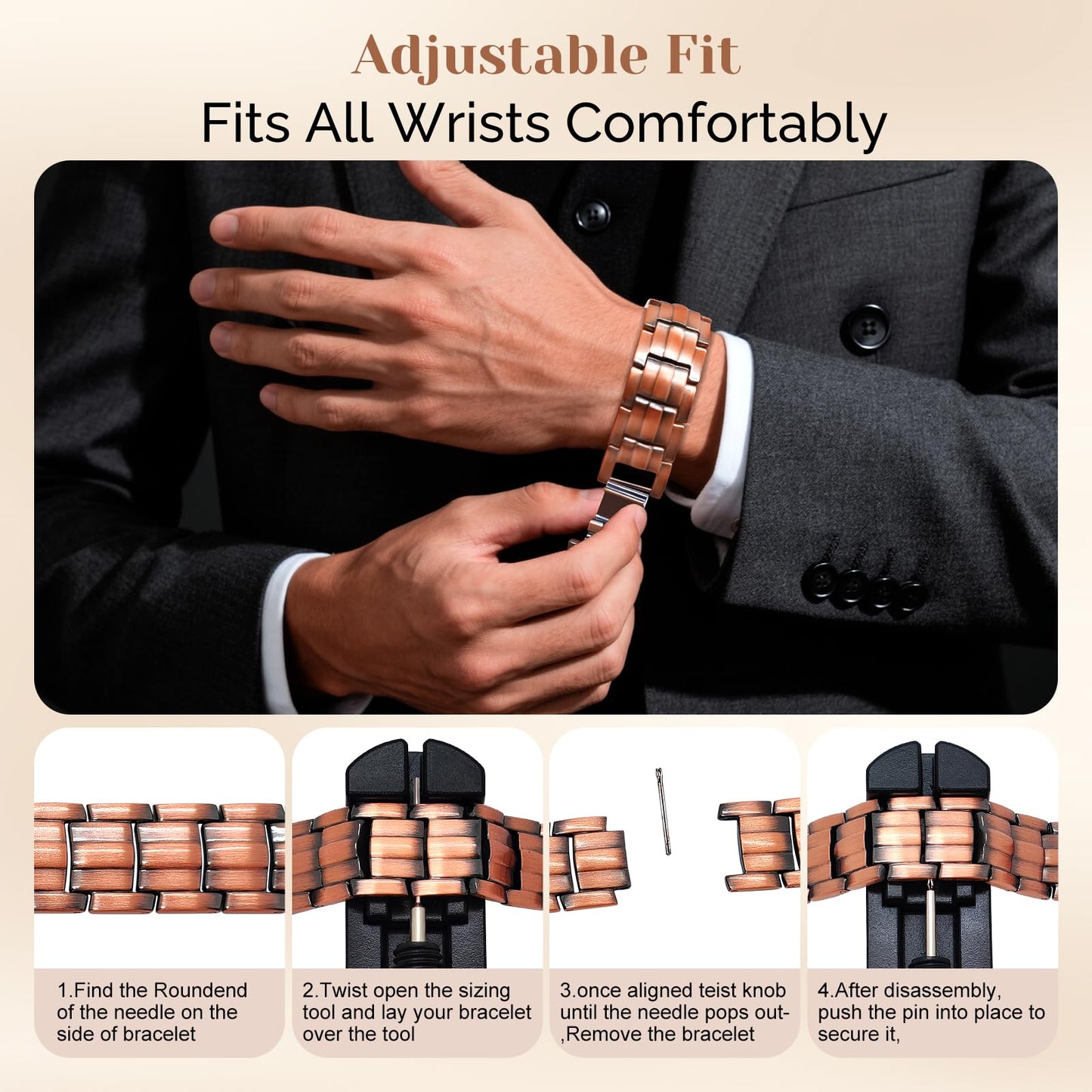 JEROOT Men's 99.99% Pure Copper Magnetic Bracelet, 3500 Gauss Magnets Adjustable with Sizing Tool