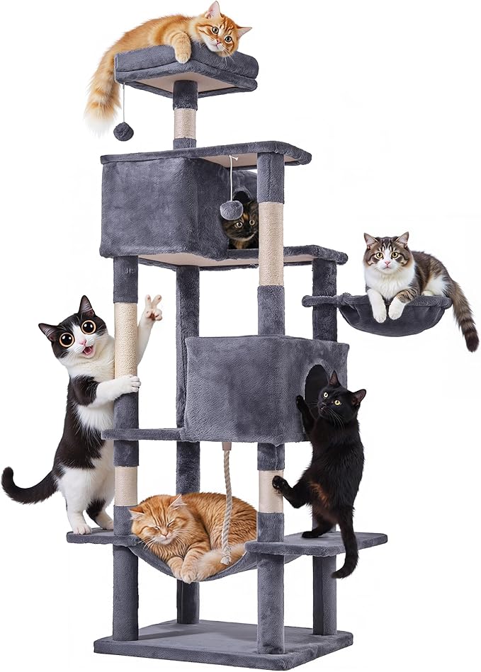 54 Inches Cat Tree Tower Condo Furniture, Cat Tower for Indoor Cats, Cozy Hammock and Sisal Scratching Posts, Multi-Level Durable Cat Scratch Post for Kittens Pet House Play, Detachable Toy, Beige