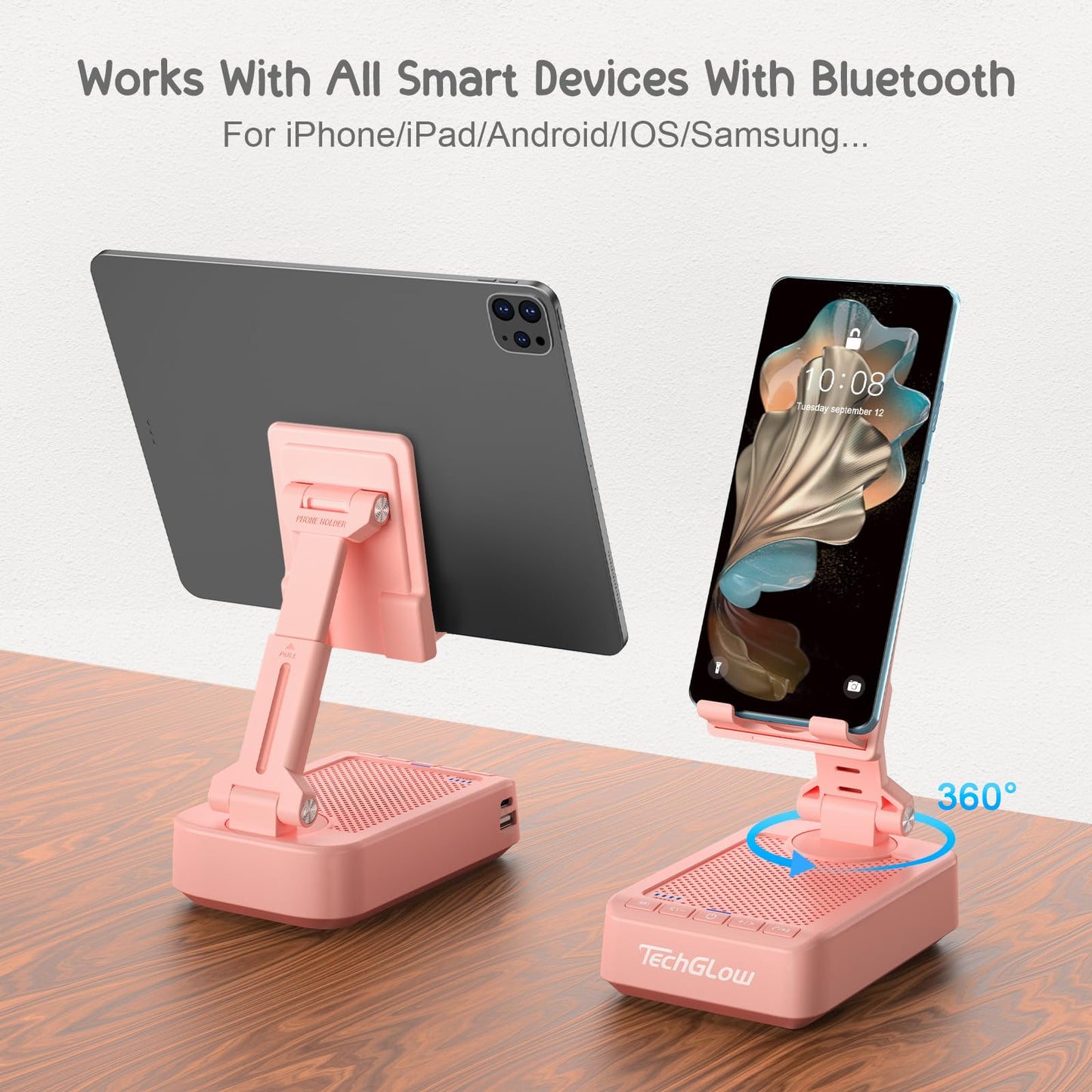 TechGlow Gifts for Men Women Foldable Cellphone Stand with Bluetooth Speaker and Charging Function 360° Rotatable Phone Stand Birthday Gift Idea for Mom Dad Cool Tech Gifts-Pink