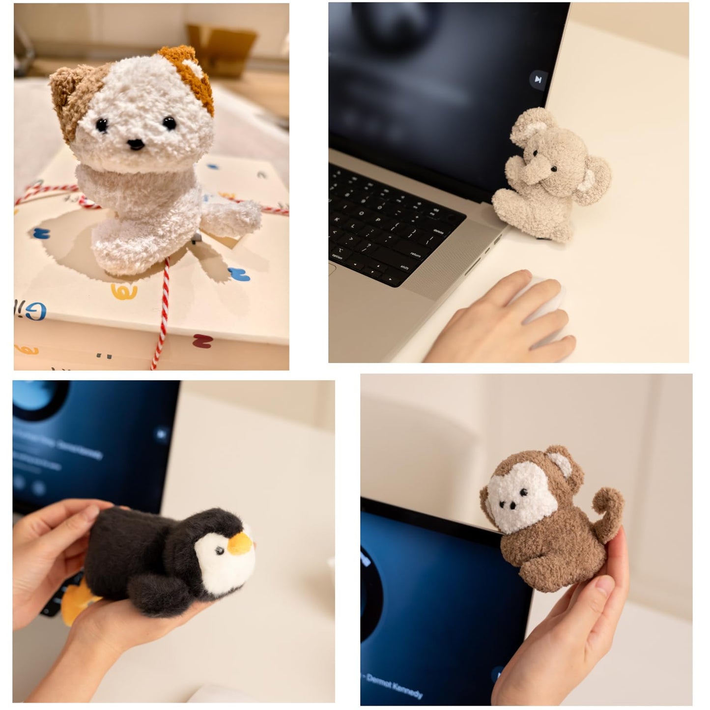 Cute Animal Plush Gift Set-Penguin Wrist Rest & 3 mini Plush Clips(Monkey,Dog,Elephant) Kawaii Cozy Desk Decor for Office, Study, Home,Gift Box Included