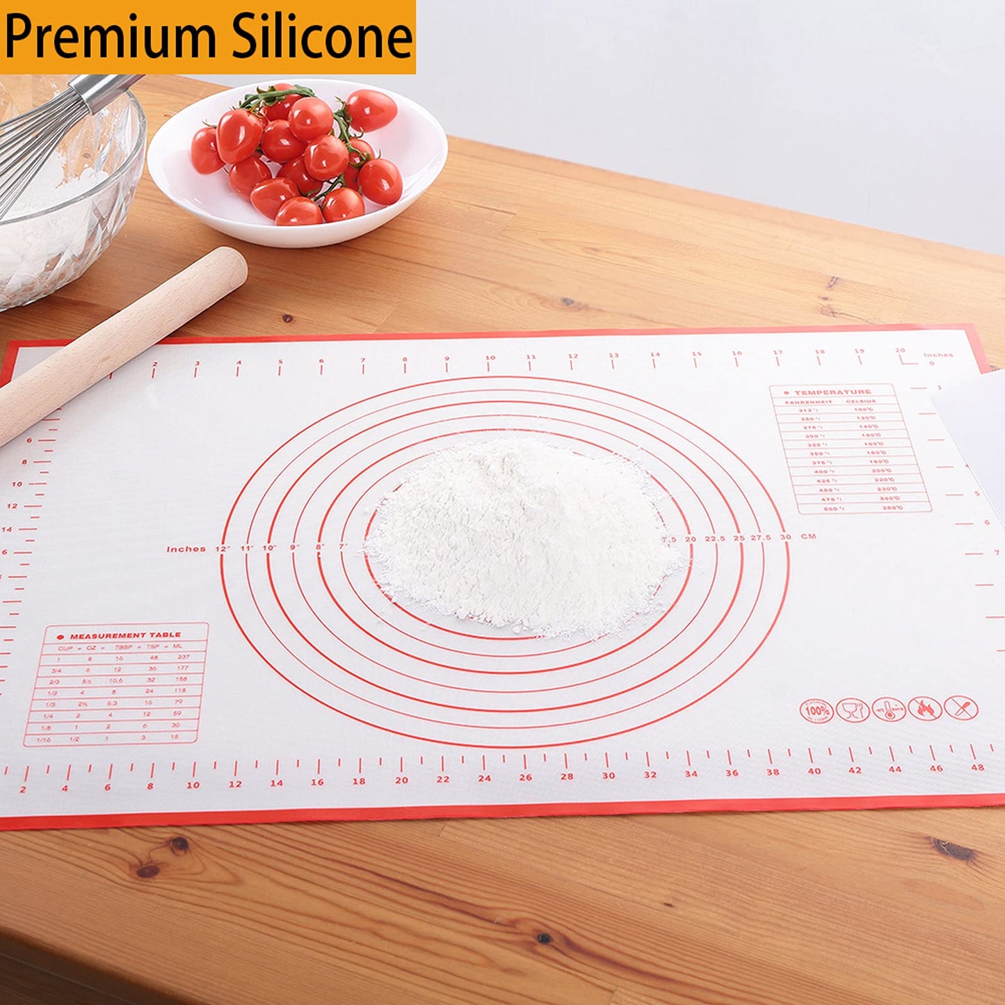 Silicone Baking Mat，Non Stick Rolling Dough with Measurements for Pie Pizza Cookies Fondant Making，Extra Thick Non Slip Silicone Pastry Mat (Red, L-16"×24")
