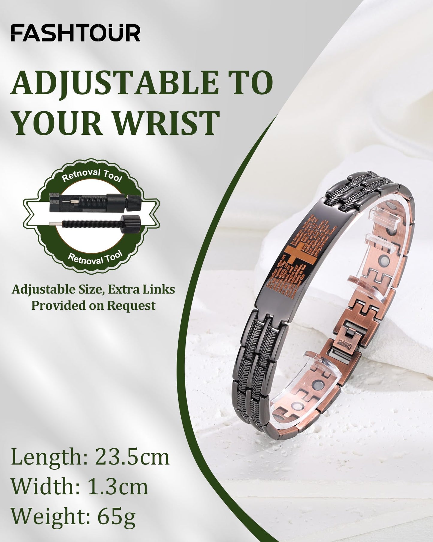 Fashtour Copper Cross Bracelet for Men, Ultra Strength Magnetic Jewelry, Rice-Ear Design Adjustable Copper Biblical Cross Bracelet with Sizing Tool & Box (Black)