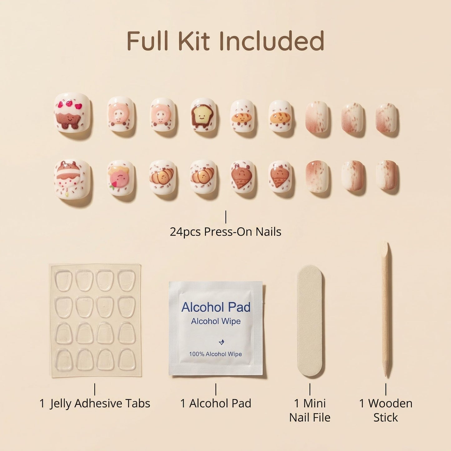 Kids Press On Nails, For Bakery Lover, Creative Pattern Nails for Girls, Matte & Soft Color Style, 24pcs