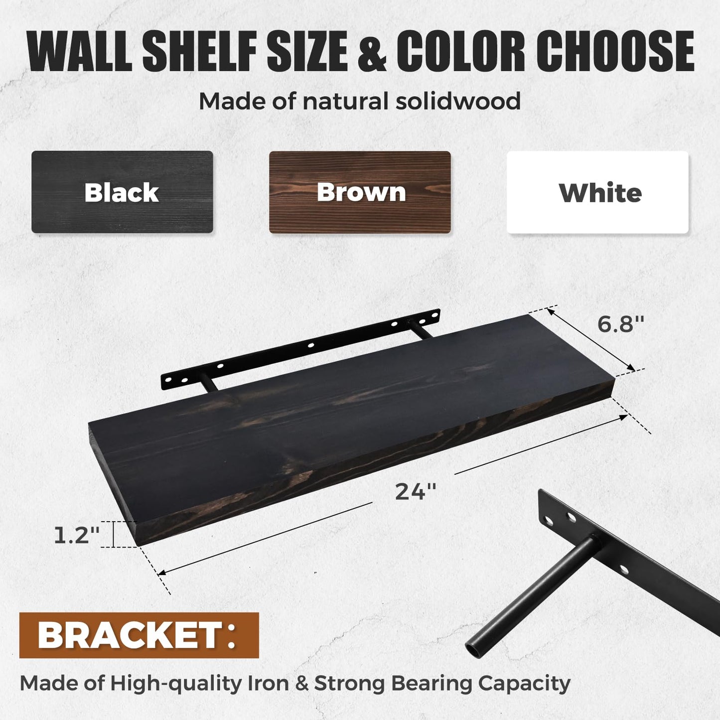 ABSWHLM 24"x6.8"x1.2" Solid Wood Floating Shelves 2-Pack - Rustic Black Finish with Hidden Brackets, Perfect for Storage and Décor in Living Room, Kitchen, Bedroom