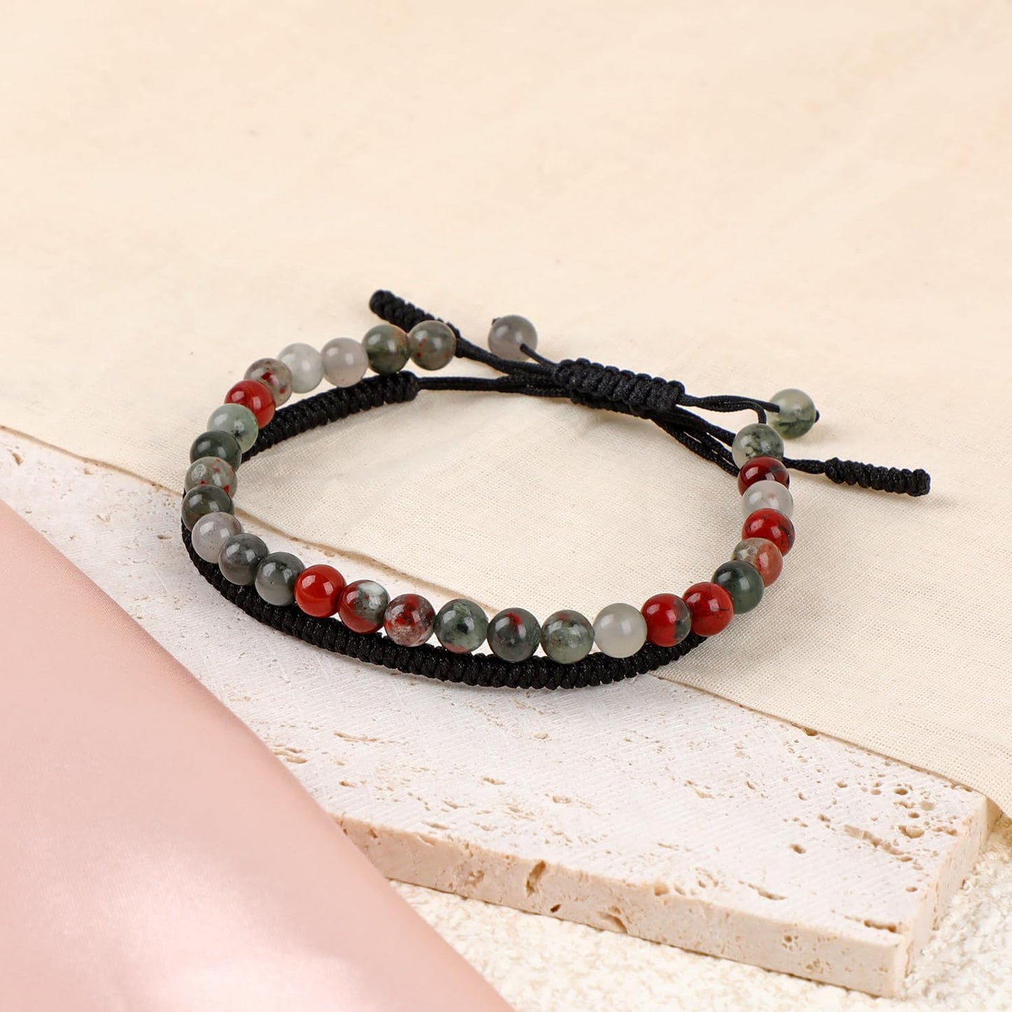 LPBeads 6mm African Bloodstone Bracelet with Handmade Rope Bracelet Size Adjustable Natural Stone Crystal Healing Bracelets Gifts for Unisex Adults