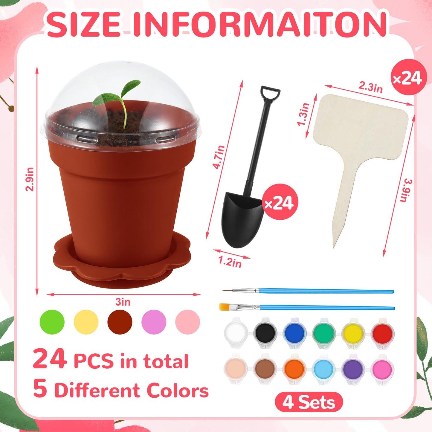 SiliFine 24 Sets Spring Kids Plant Growing Kit Flower Pots Cupcake Plant Nursery Pots Gardening Kit for Kids with Paint and Stickers Labels Name Tag for Easter Mothers Day Craft Bulk Classroom