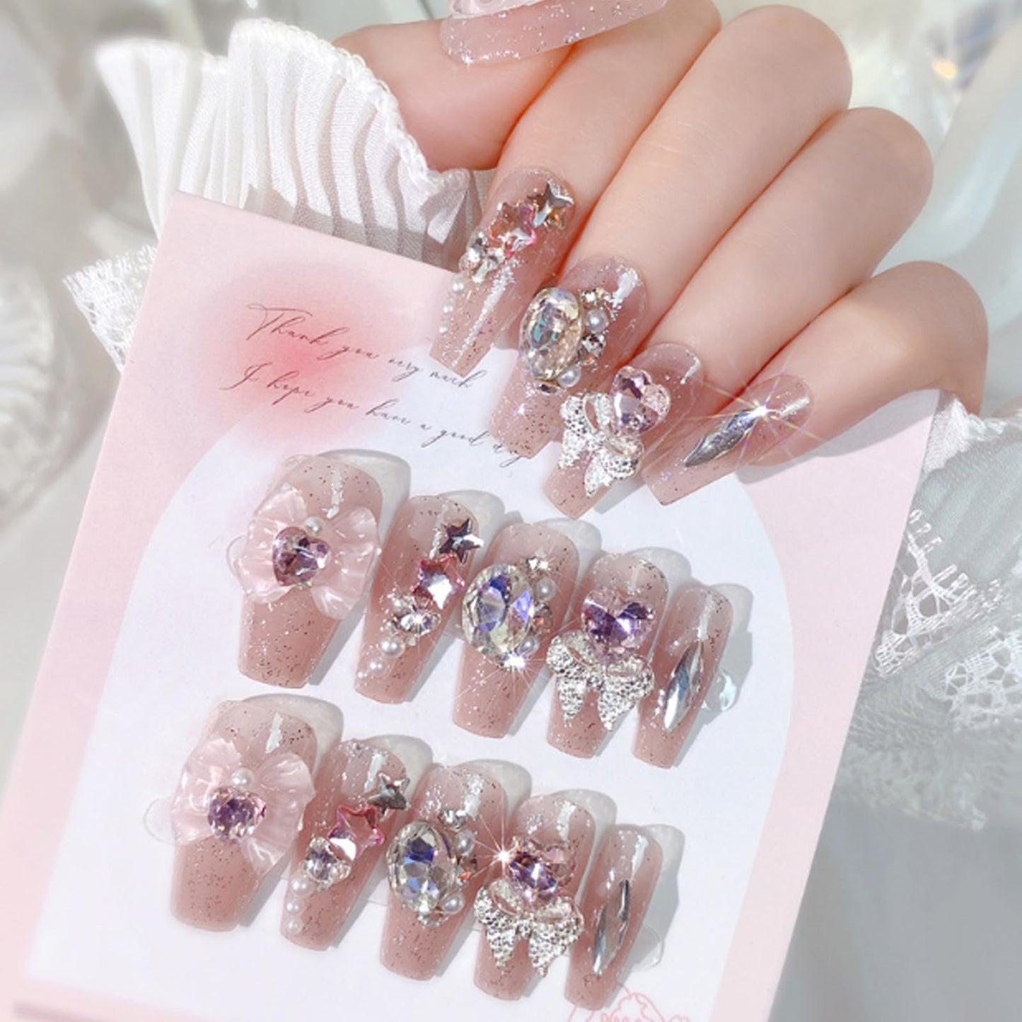 Hkanlre 3D Press on Nails Medium Fake Coffin Nails Tips Full Cover Luxury False Nails for Women and Girls 24PCS