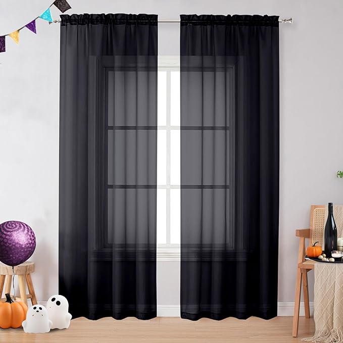 OVZME 2 Panels Sheer Black Curtains 72 Inches Length Window Treatment for Kitchen, Elegant Airy Transparent Curtain Draperies Rod Pocket for Kids Living Room, Each 42 Width 72 Length