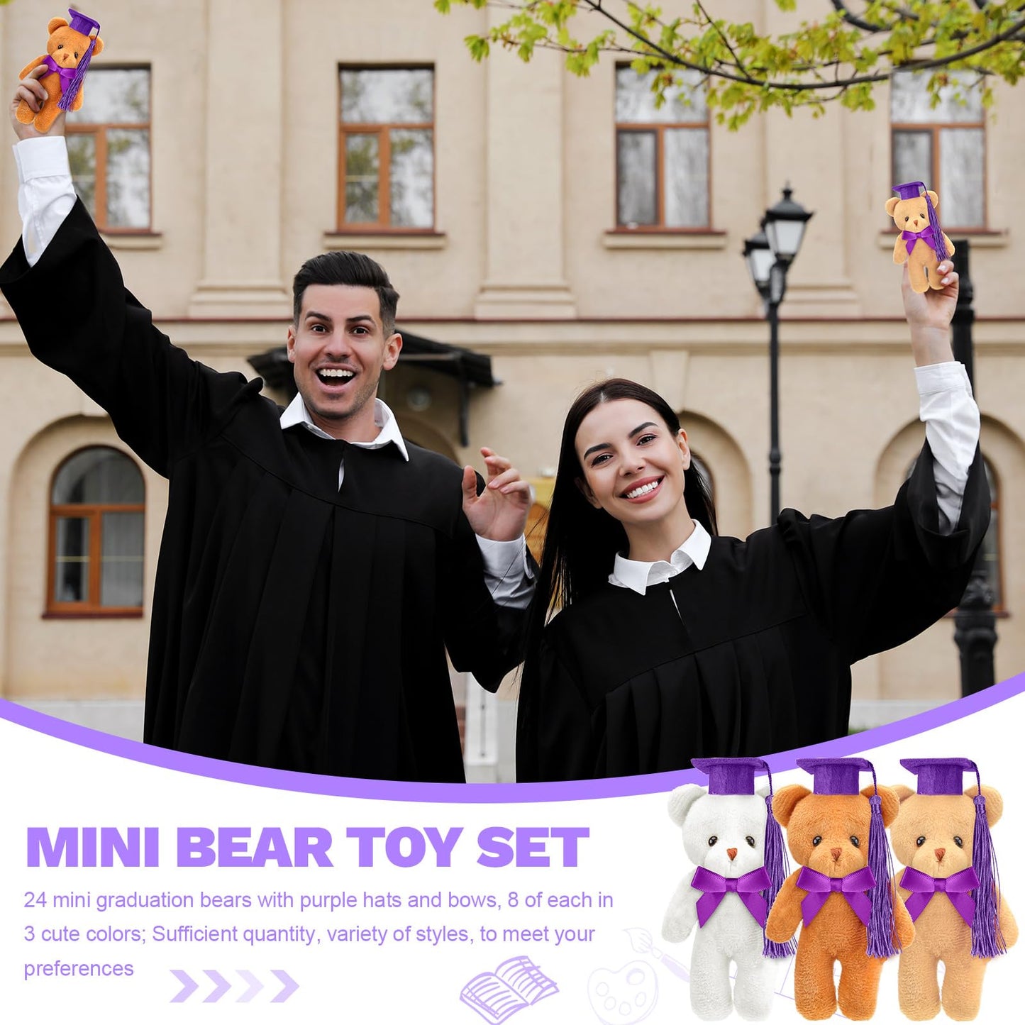 Sotiff 24 Pcs Mini Graduation Bear Plush Gift Stuffed Animal with Cap Gift for Her, for Him, Class of 2026 Graduation Present for College High School for DIY Keychain Xmas Decorations(Purple Cap)