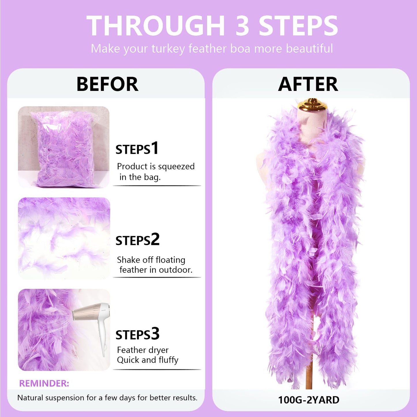 THARAHT Lavender Chandelle Turkey Feather Boa 2 Yards 100g for DIY Craft Home Dancing Wedding Party Halloween Costume Decoration Feather Boa