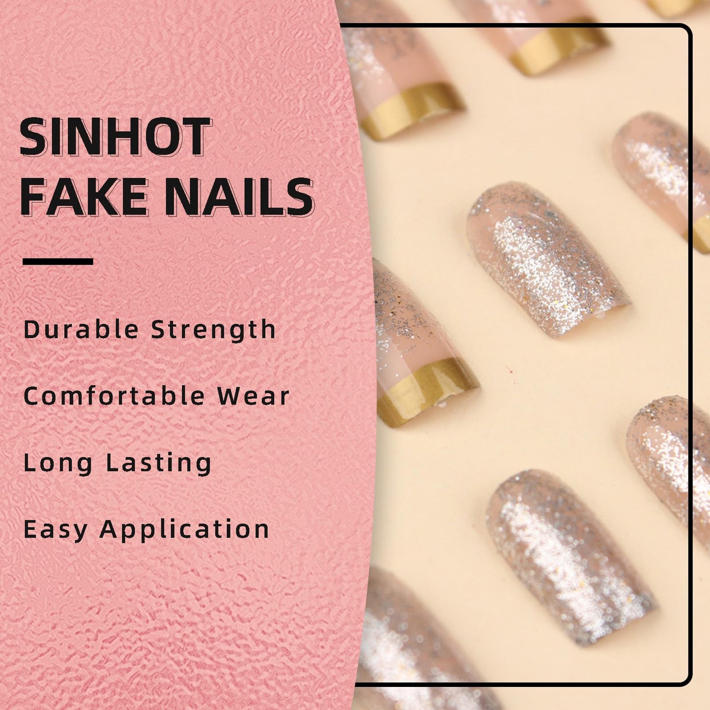 SINHOT Square Press on Nails Medium Fake Nails Glossy Glue on Nails Bling Glitter Acrylic Nails Squoval Artificial Nails Gold French Tip Stick on False Nails with Design 24 pcs