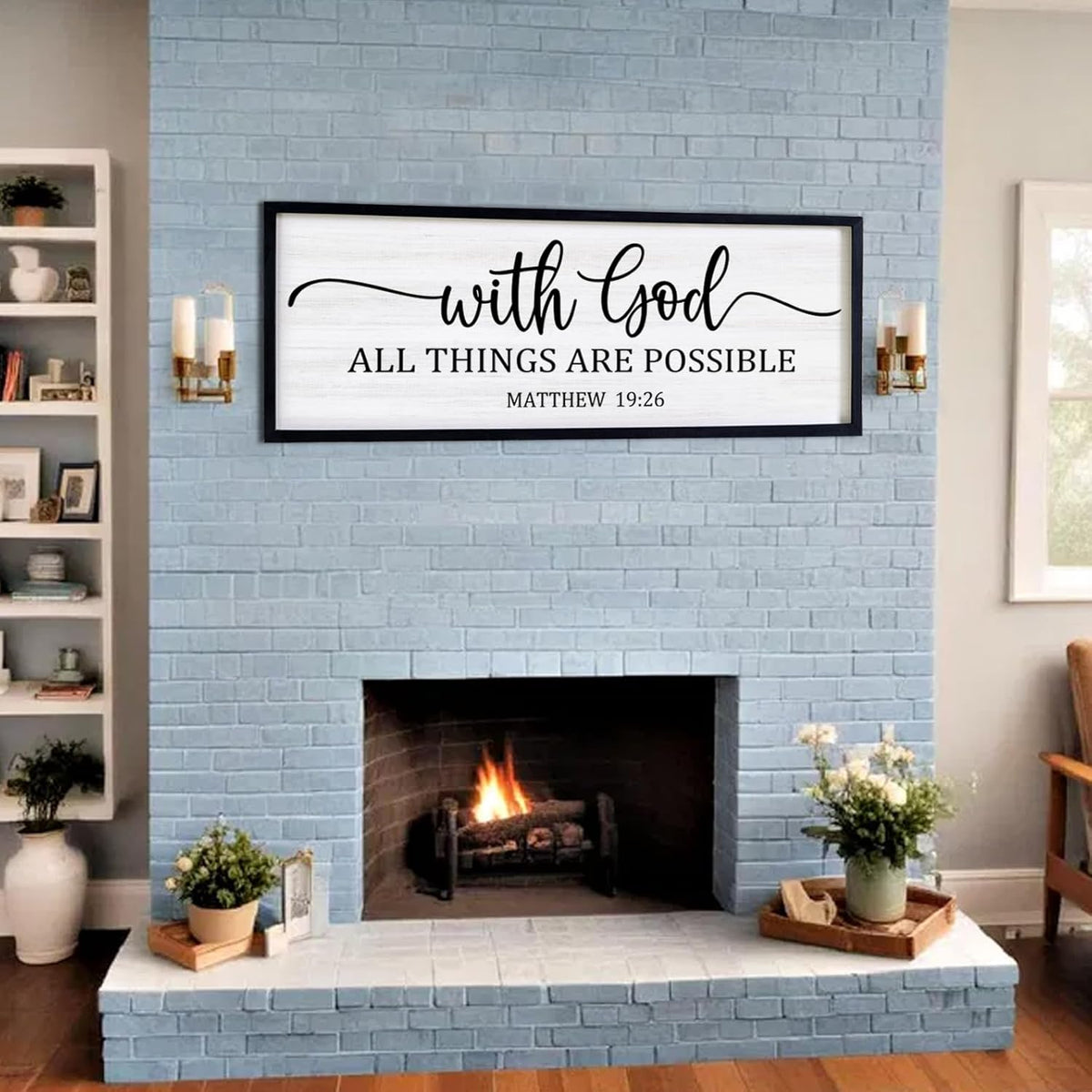 With God All Things are Possible Framed Wall Art, 40''×15'' Black Positive Religious Rustic Bible Verse for Christian God Jesus Christ Prayer, Holy Horizontal Inspirational Catholic Scripture Decor