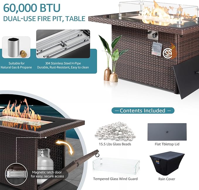 NICESOUL 9 Piece Large Outdoor Patio Furniture Set with Fire Pit Propane/Natural Gas, 29.3'' High Back Comfy Rattan Modular Sectional for 8, Deep Seat Conversation Sets, Brown Rattan and Teal Cushion