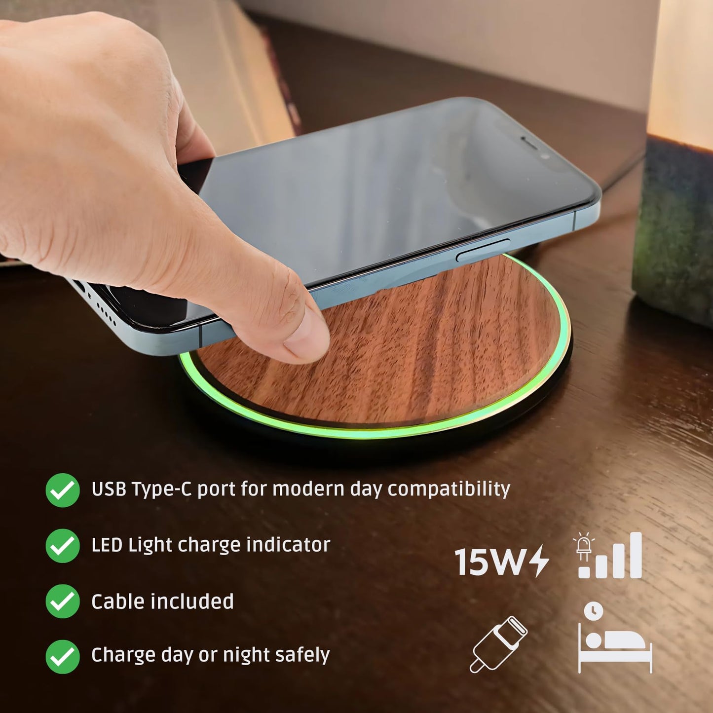 GARCIX 15W Wooden Wireless Charger | Stylish Design Qi Wireless Charger Station | USB Type C Cable | Compatible for iPhone 15 14 13 Pro MAX X Plus, Samsung Galaxy Ultra, Airpods