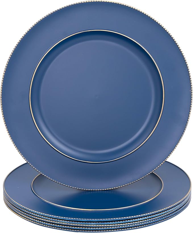 MAONAME Blue Charger Plates, 13" Plastic Round Charger for Dinner Plates, Plate Chargers Set of 6, Beaded Table Chargers for Wedding, Table Setting
