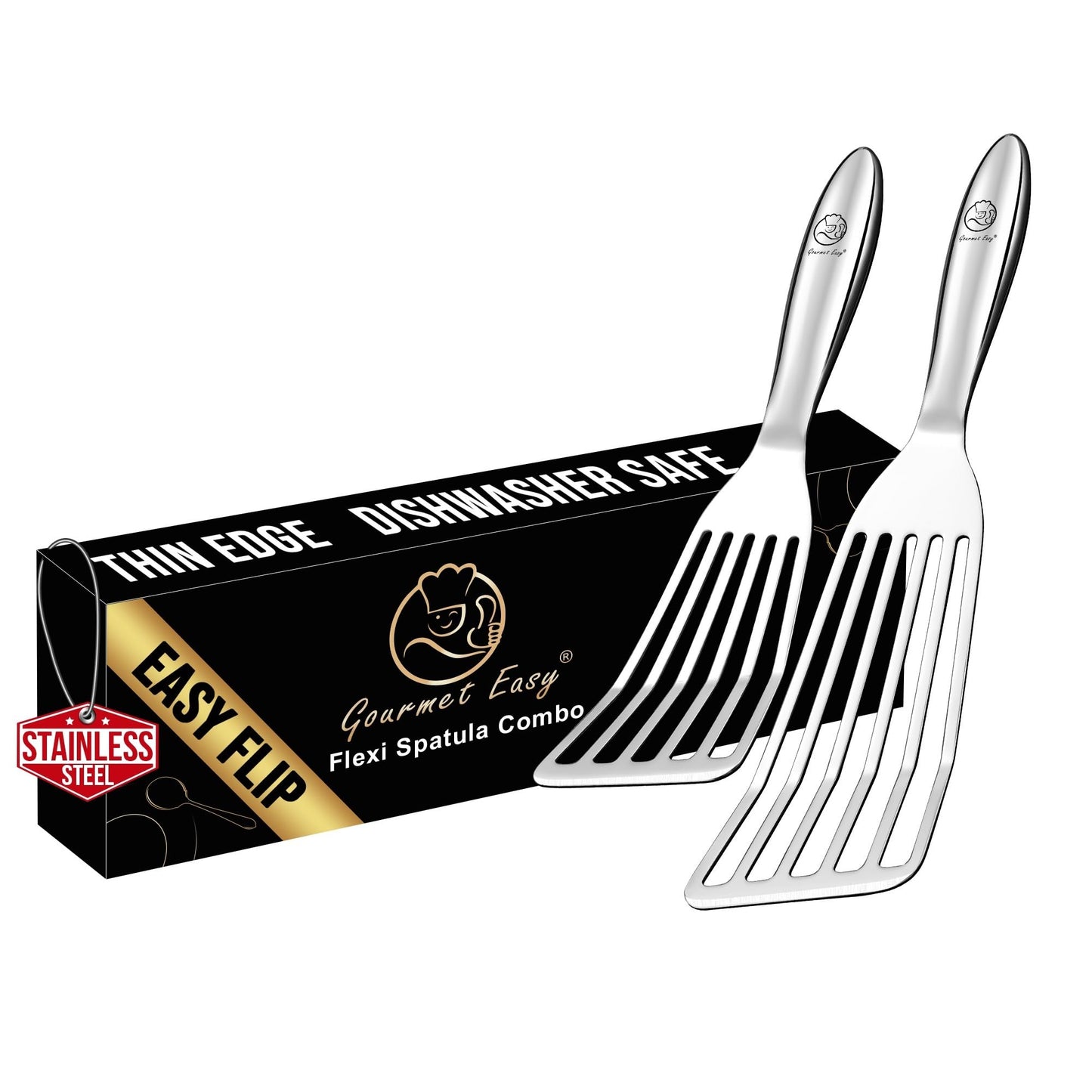Stainless Steel Fish Spatula Set – 1 Large Fish Turner + 1 Small Metal Spatula, Ultra-Thin Edge for Easy Turning & Flipping, Metal Kitchen Utensils with Ergonomic Non-Slip Handle, Dishwasher Safe